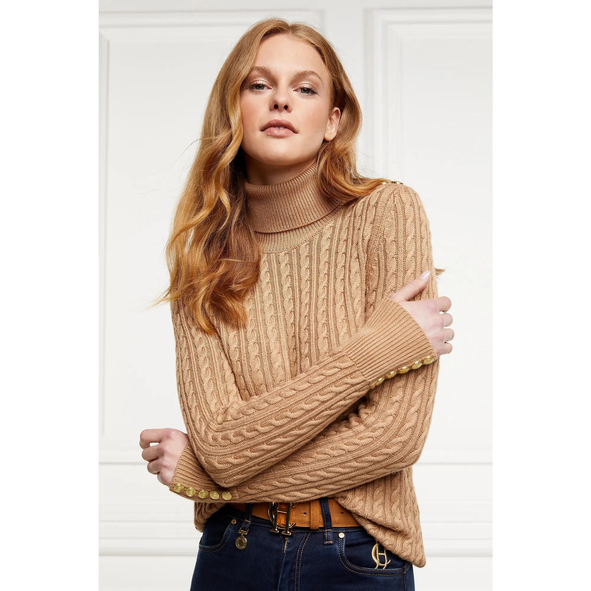 Product image 7 of 11 of Holland Cooper Women's Seattle Roll Neck Cable Knit - Dark Camel Marl
