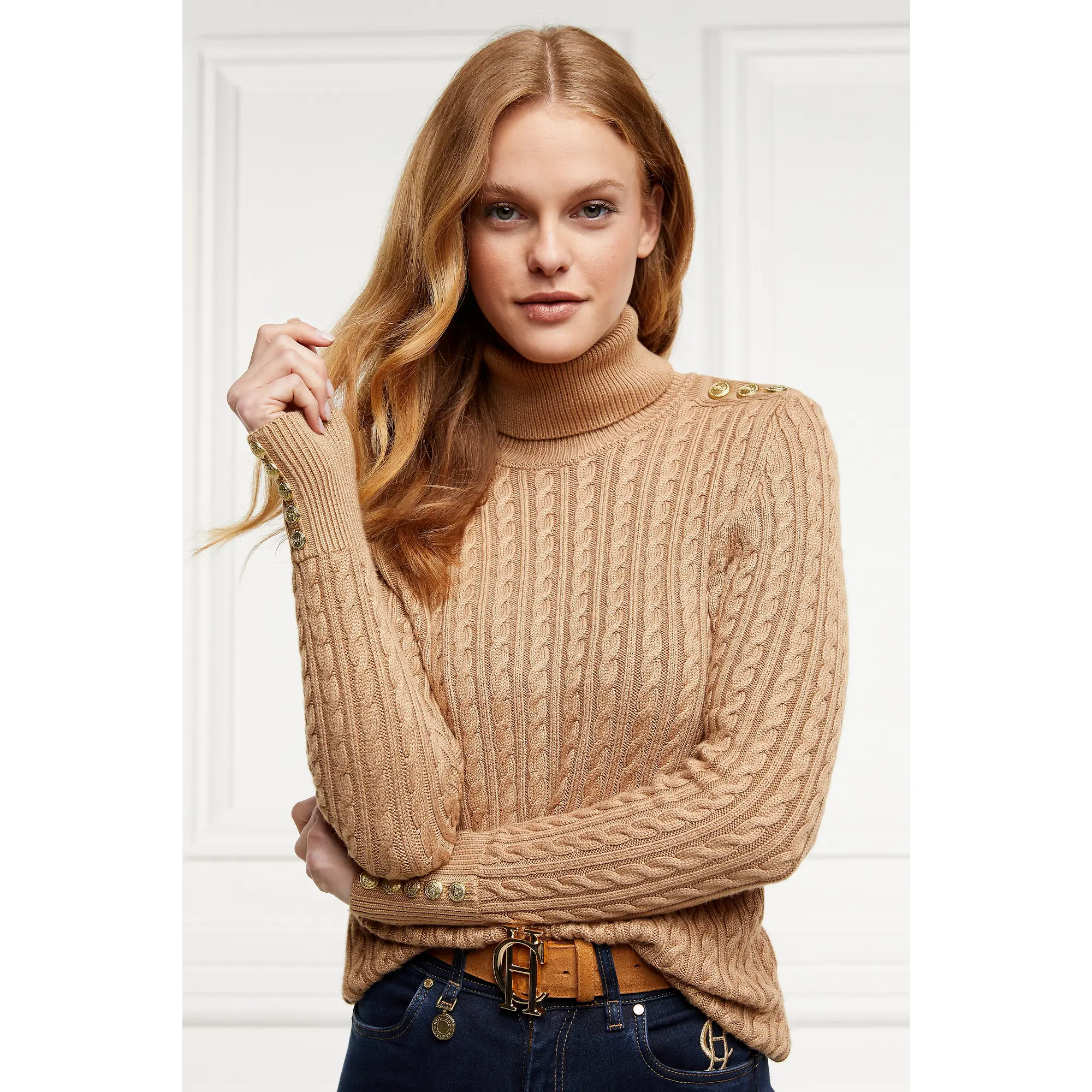 Product image 11 of 11 of Holland Cooper Women's Seattle Roll Neck Cable Knit - Dark Camel Marl
