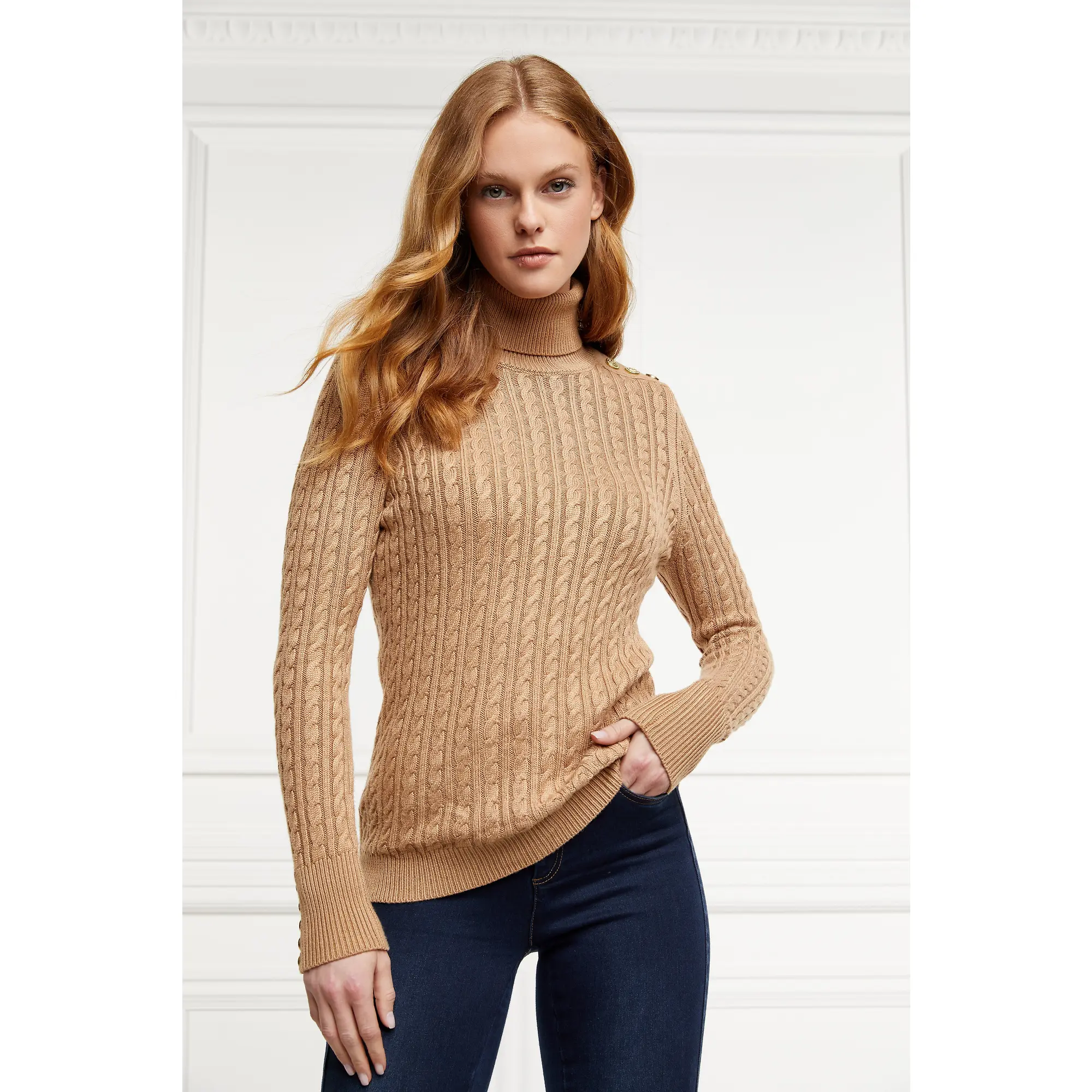 Product image 9 of 11 of Holland Cooper Women's Seattle Roll Neck Cable Knit - Dark Camel Marl