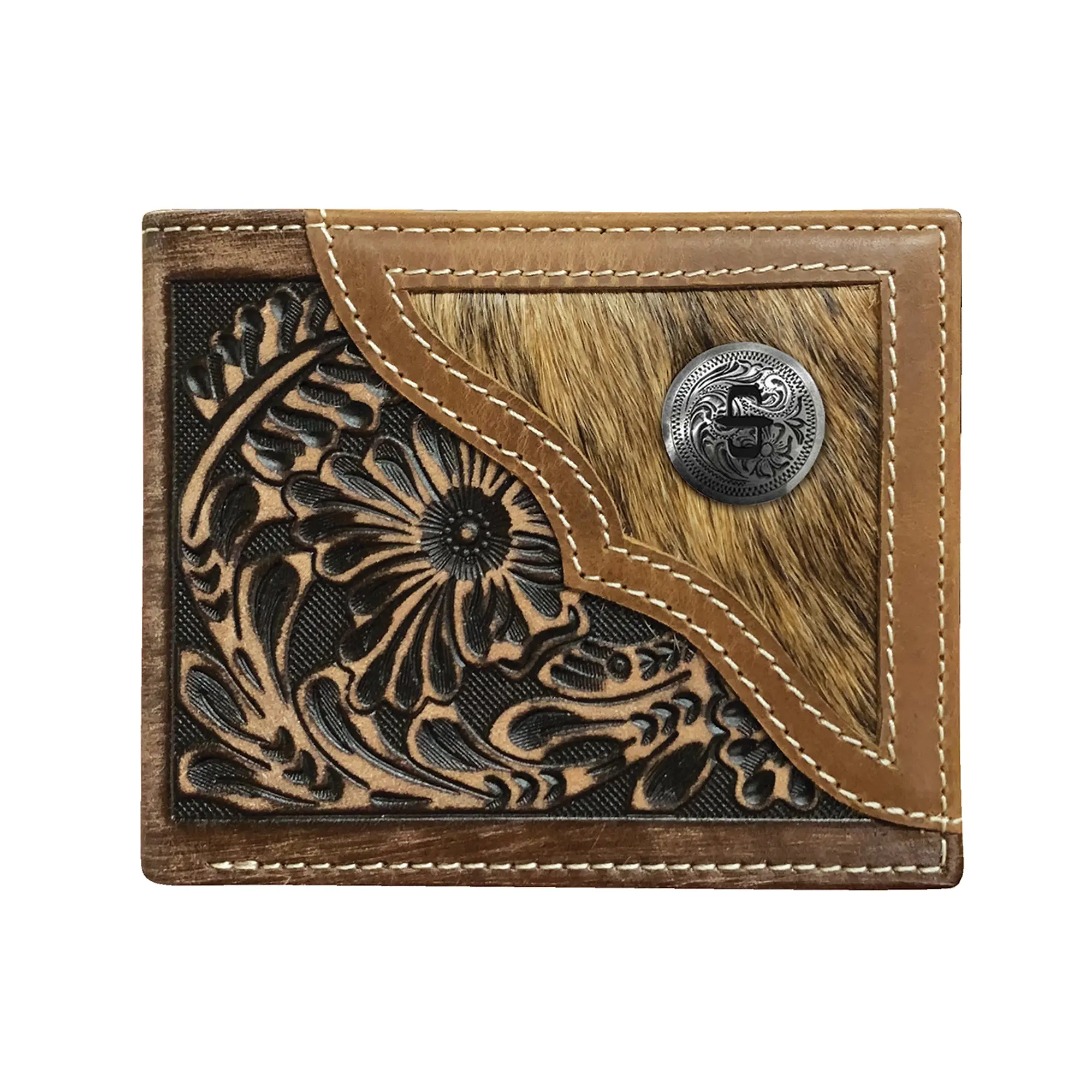 Product image 1 of 1 of Stetson Hair-On-Hide Concho Leather Bi-Fold Wallet - Brown