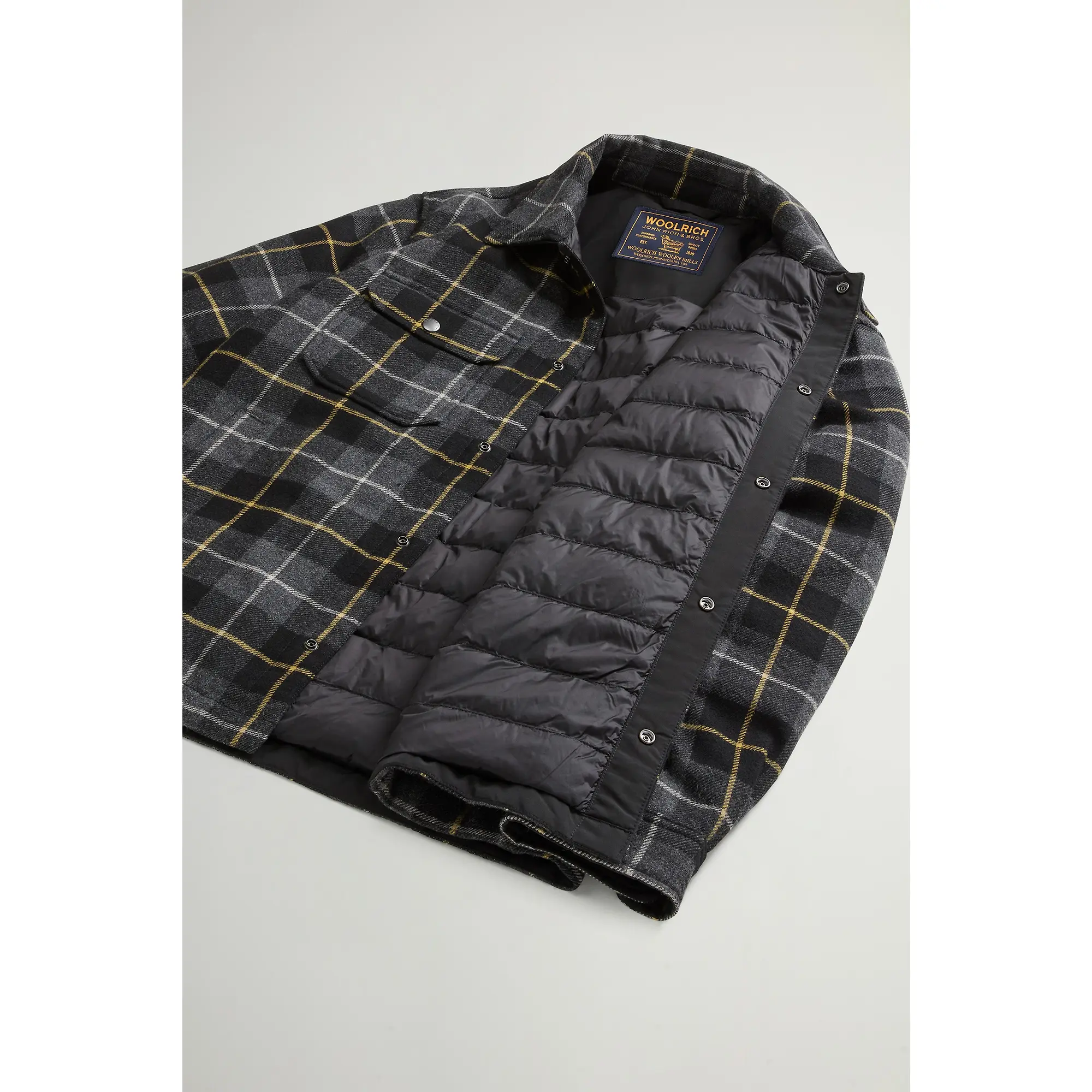 Product image 8 of 8 of Woolrich Men's Recycled Italian Wool Blend Padded Alaskan Check Overshirt - Grey Black Check