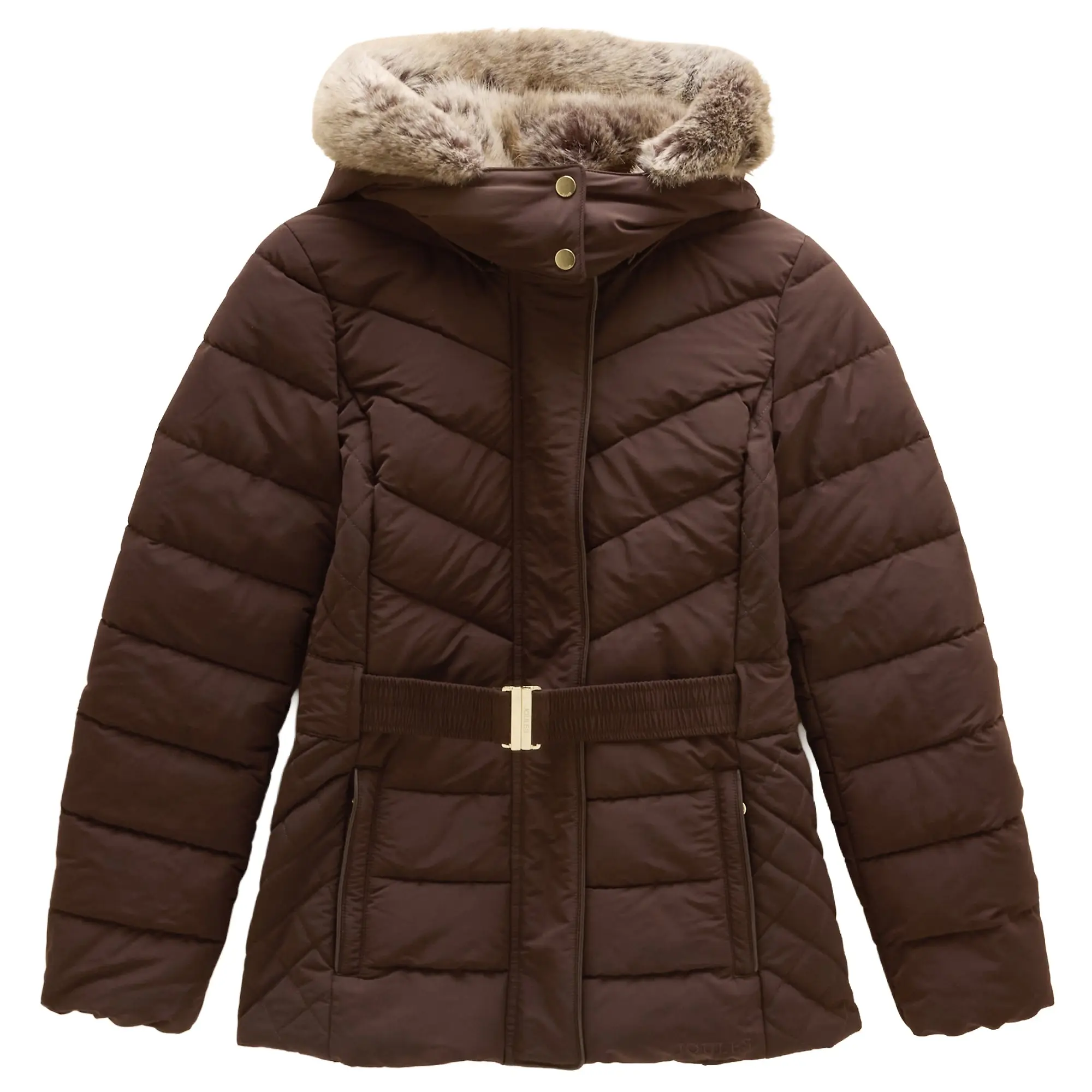 Product image 1 of 25 of Joules Women's Aspen Showerproof Padded Coat with Faux Fur Hood - Chocolate Brown