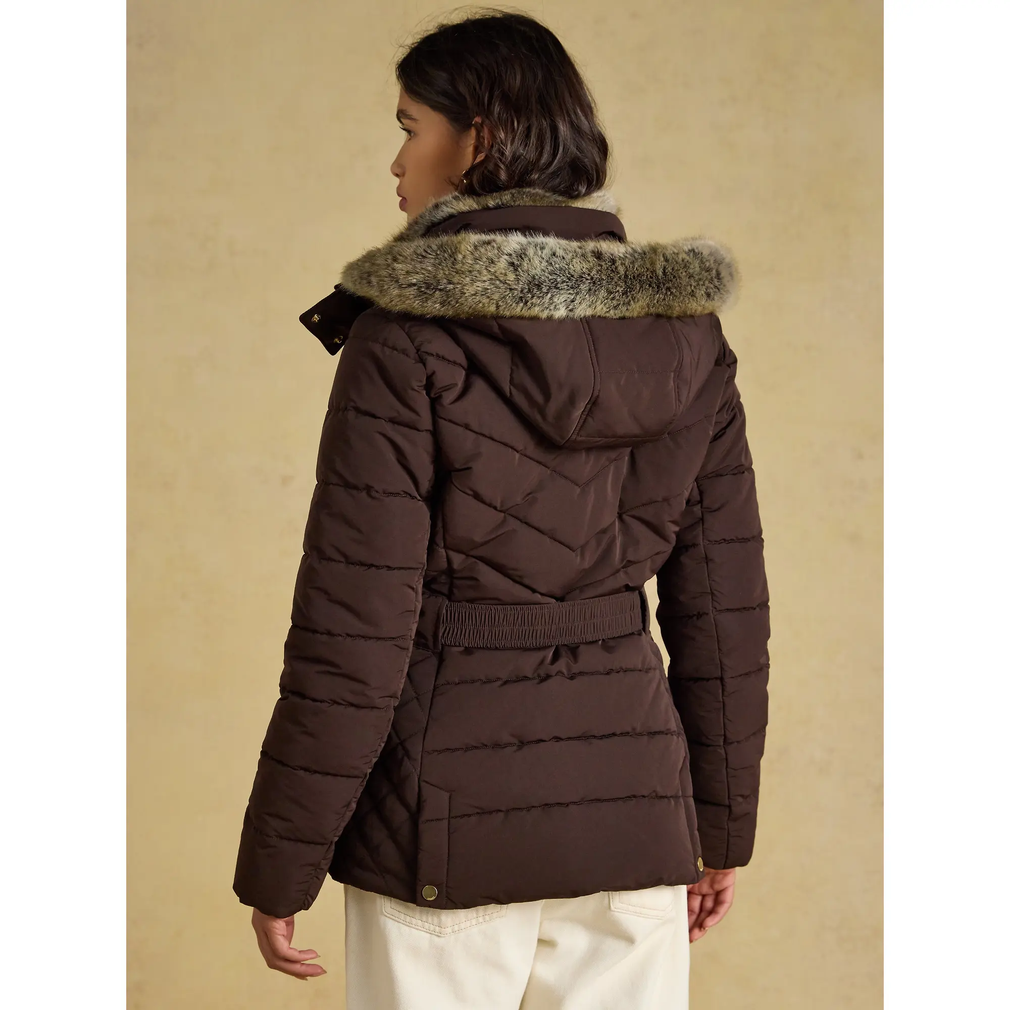 Product image 3 of 25 of Joules Women's Aspen Showerproof Padded Coat with Faux Fur Hood - Chocolate Brown