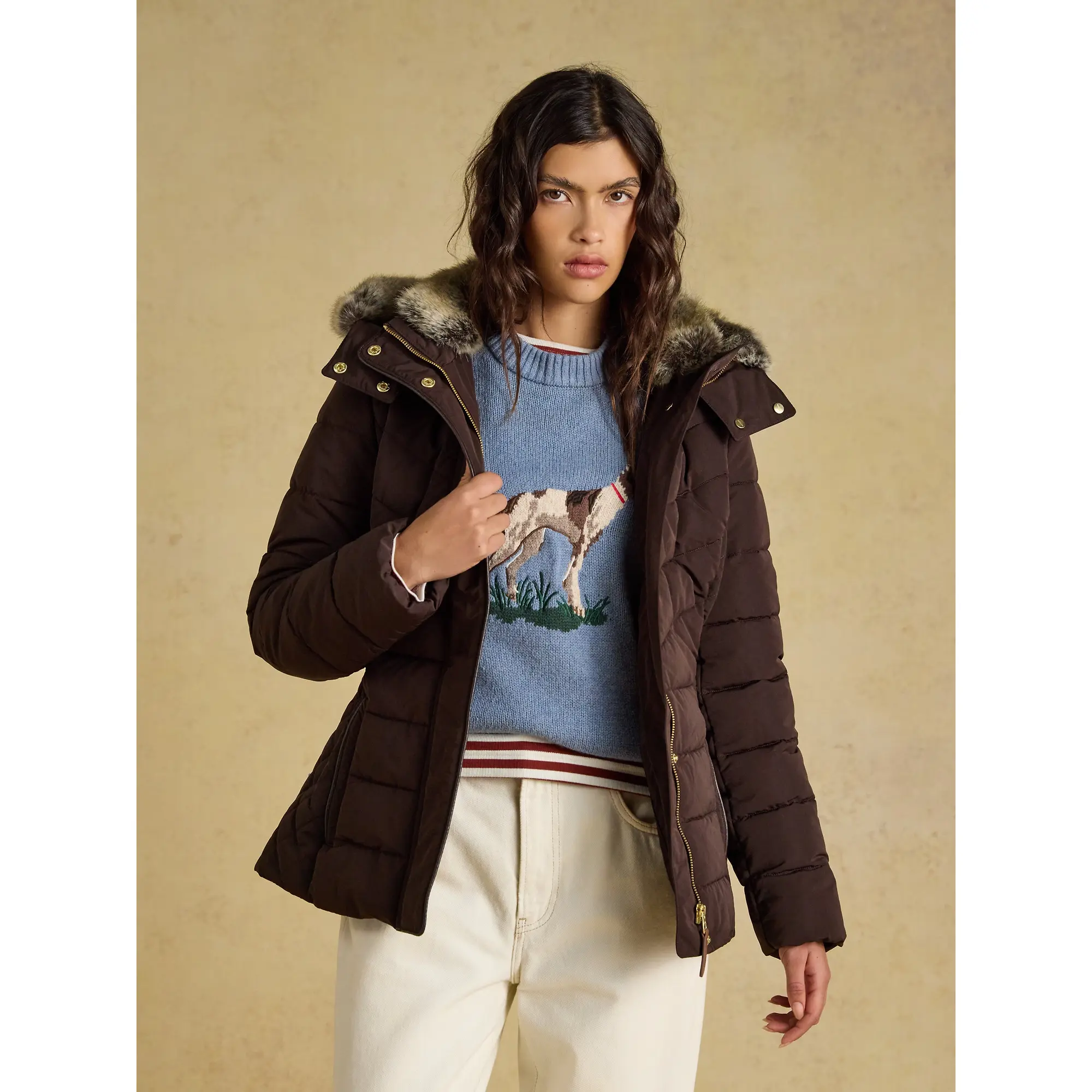 Product image 4 of 25 of Joules Women's Aspen Showerproof Padded Coat with Faux Fur Hood - Chocolate Brown