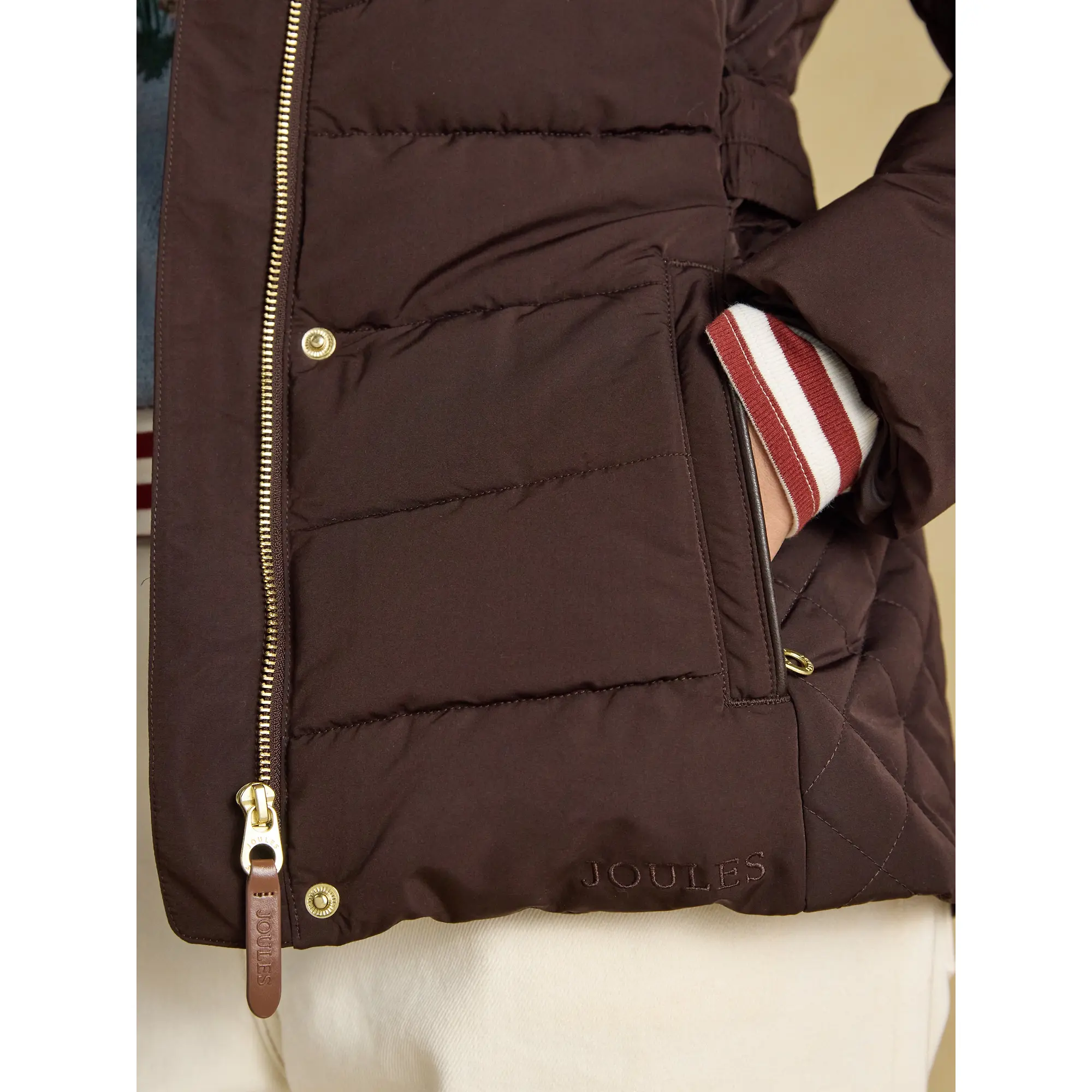 Product image 6 of 25 of Joules Women's Aspen Showerproof Padded Coat with Faux Fur Hood - Chocolate Brown