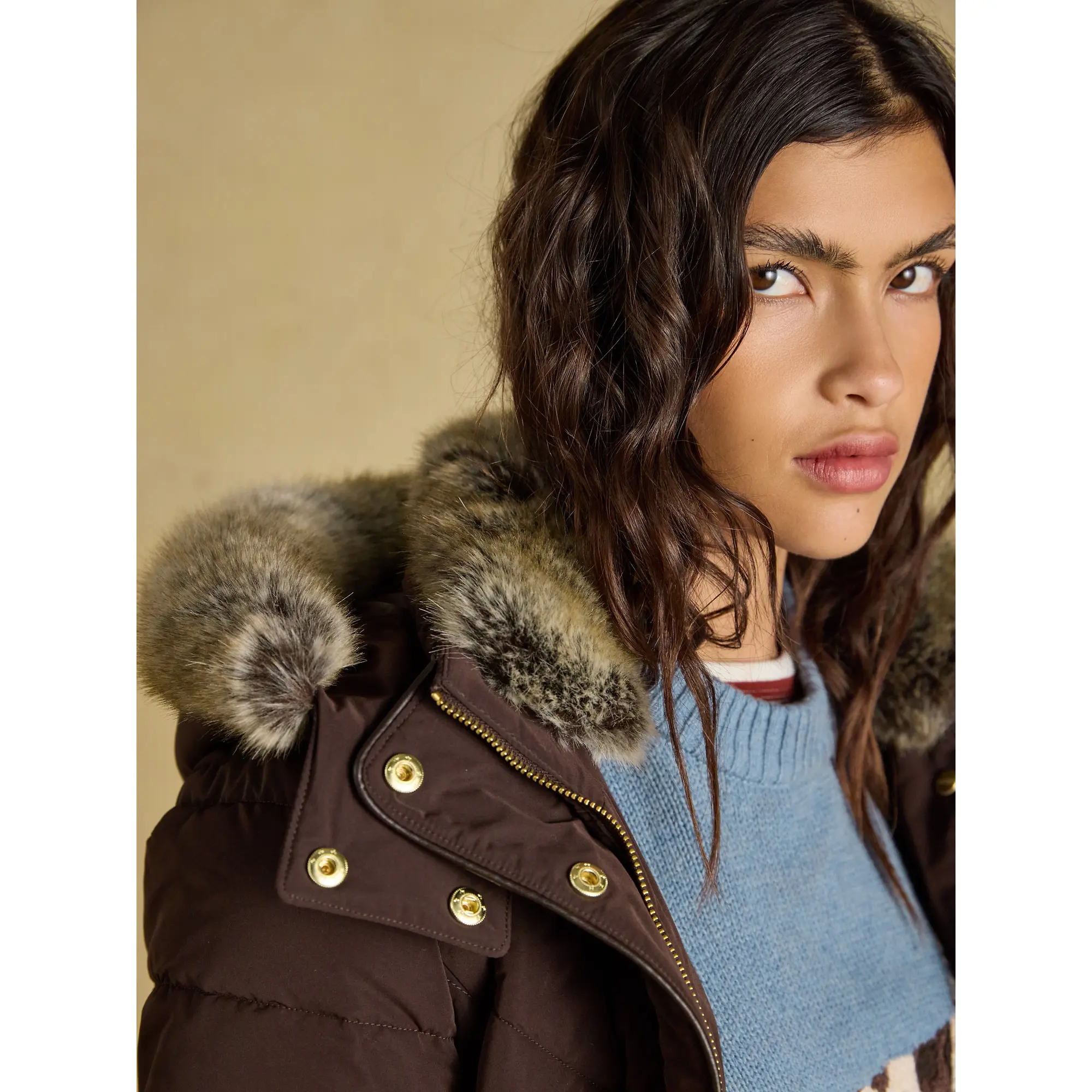 Product image 9 of 25 of Joules Women's Aspen Showerproof Padded Coat with Faux Fur Hood - Chocolate Brown