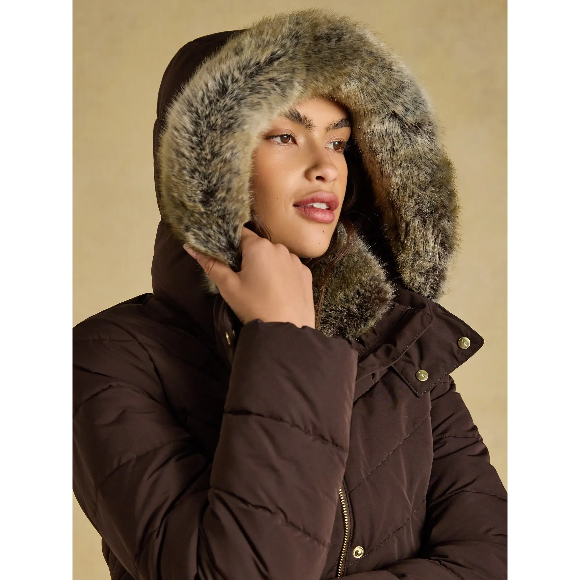 Product image 10 of 25 of Joules Women's Aspen Showerproof Padded Coat with Faux Fur Hood - Chocolate Brown