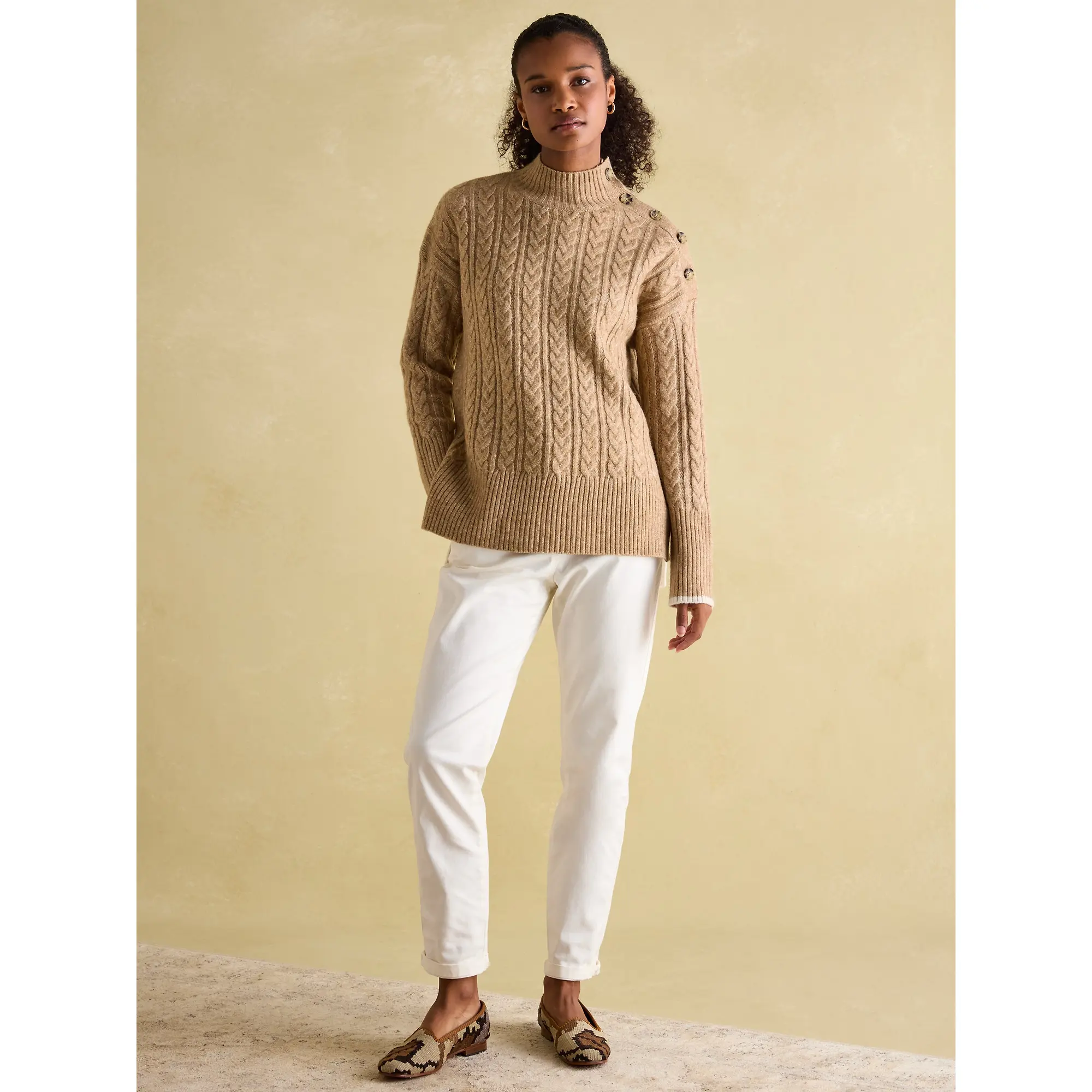 Product image 6 of 6 of Joules Women's Betsy Button Shoulder Cable Jumper - Camel