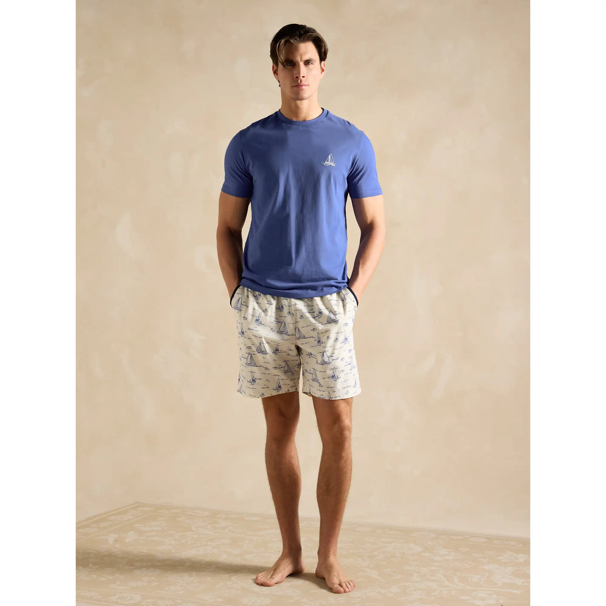 Product image 3 of 9 of Joules Men's Harford Short Sleeve Top & Pyjama Set With Packable Travel Bag - Blue Toile