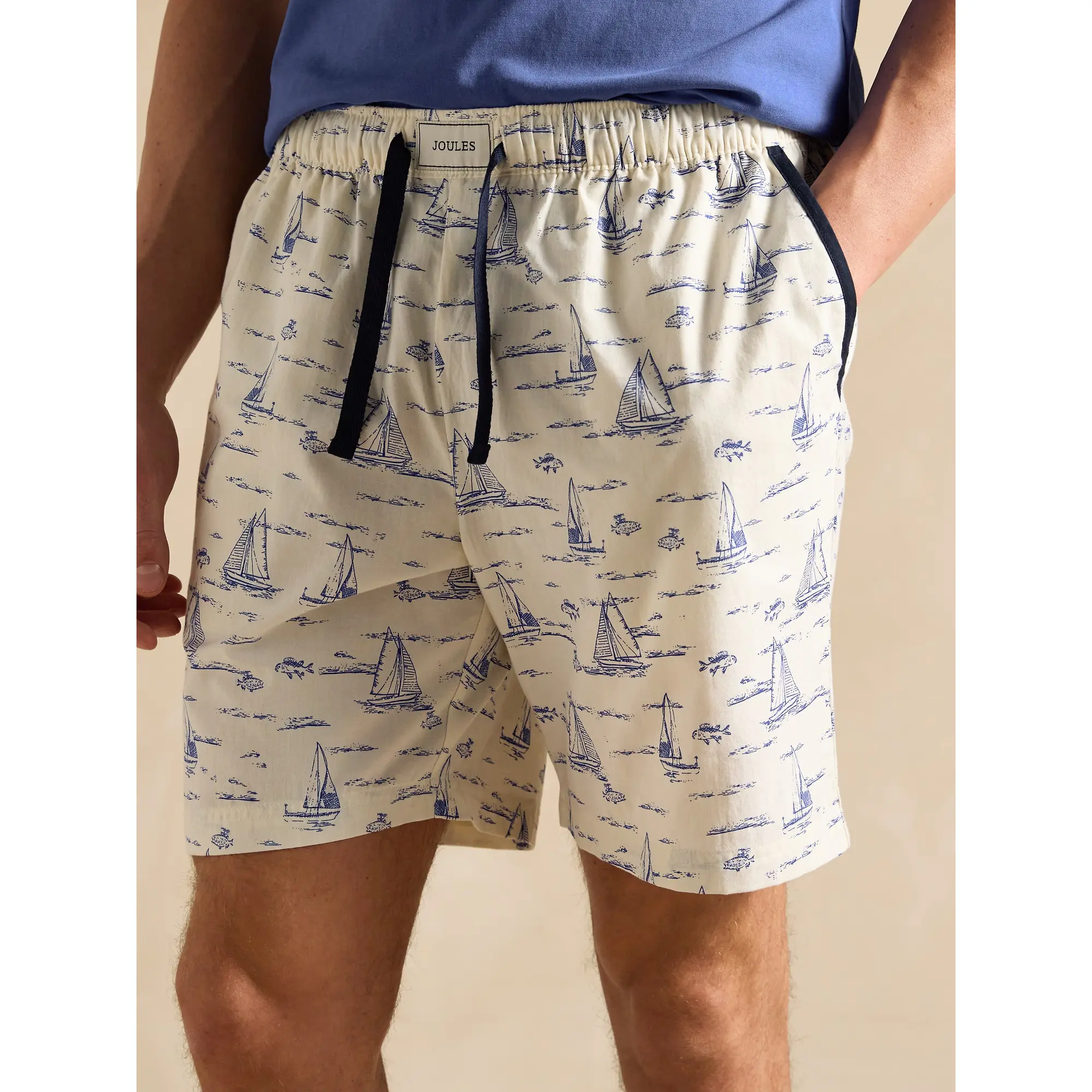 Product image 6 of 9 of Joules Men's Harford Short Sleeve Top & Pyjama Set With Packable Travel Bag - Blue Toile
