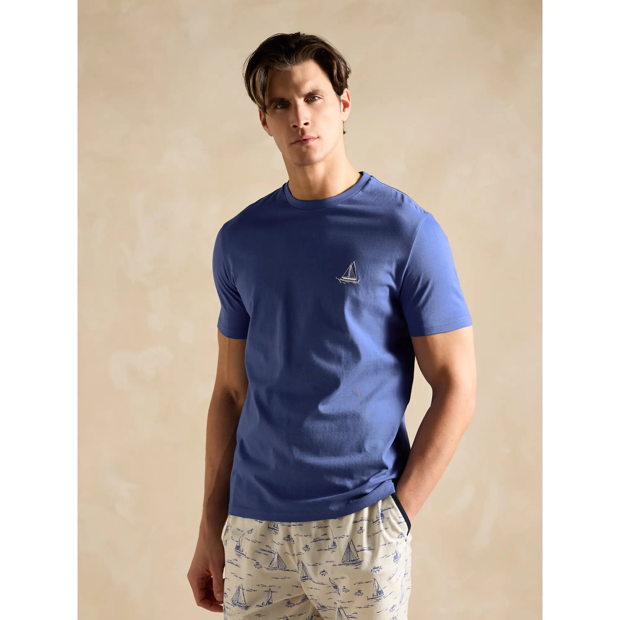 Product image 7 of 9 of Joules Men's Harford Short Sleeve Top & Pyjama Set With Packable Travel Bag - Blue Toile