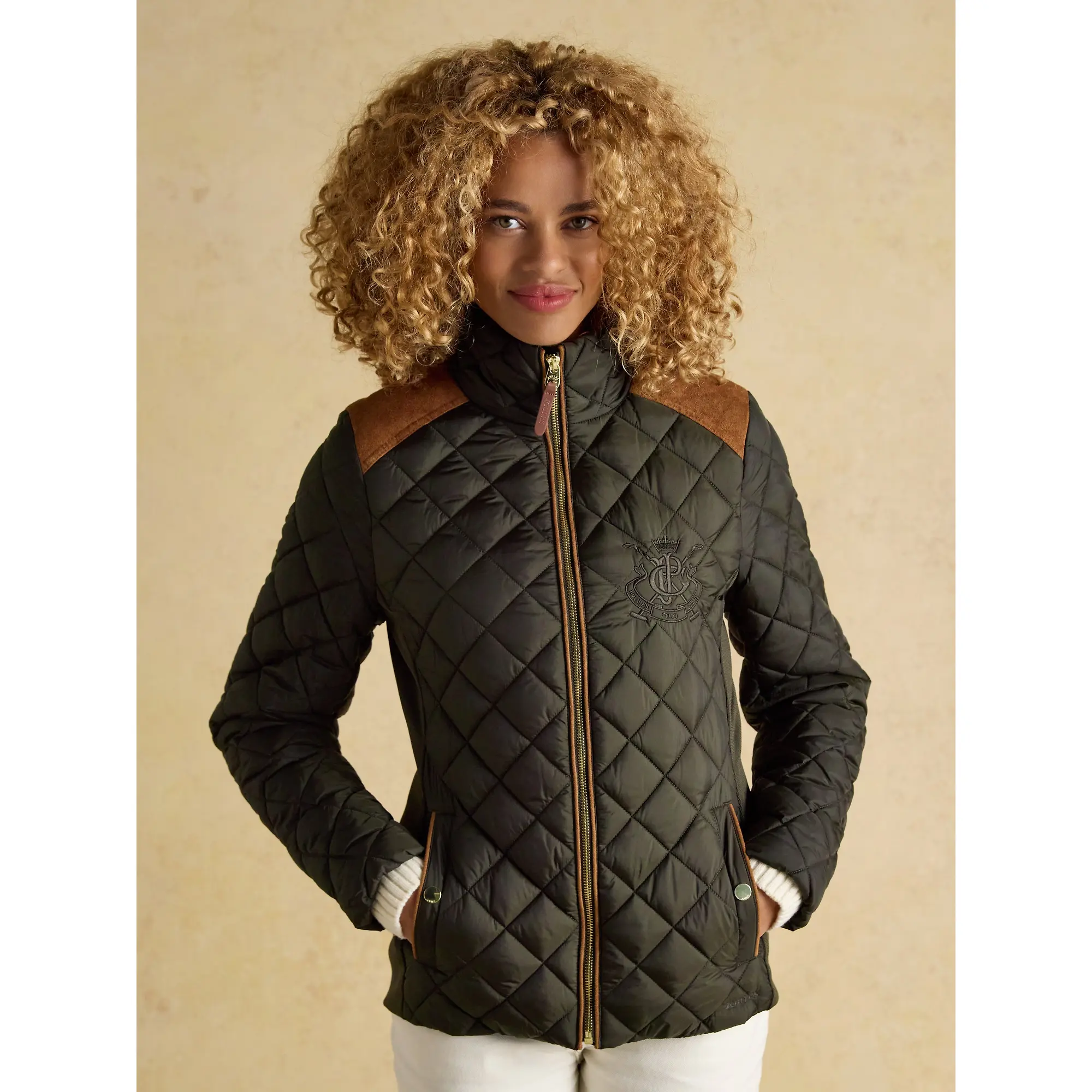 Product image 2 of 12 of Joules Women's Braemar Luxe Showerproof Diamond Quilted Coat - Khaki Green