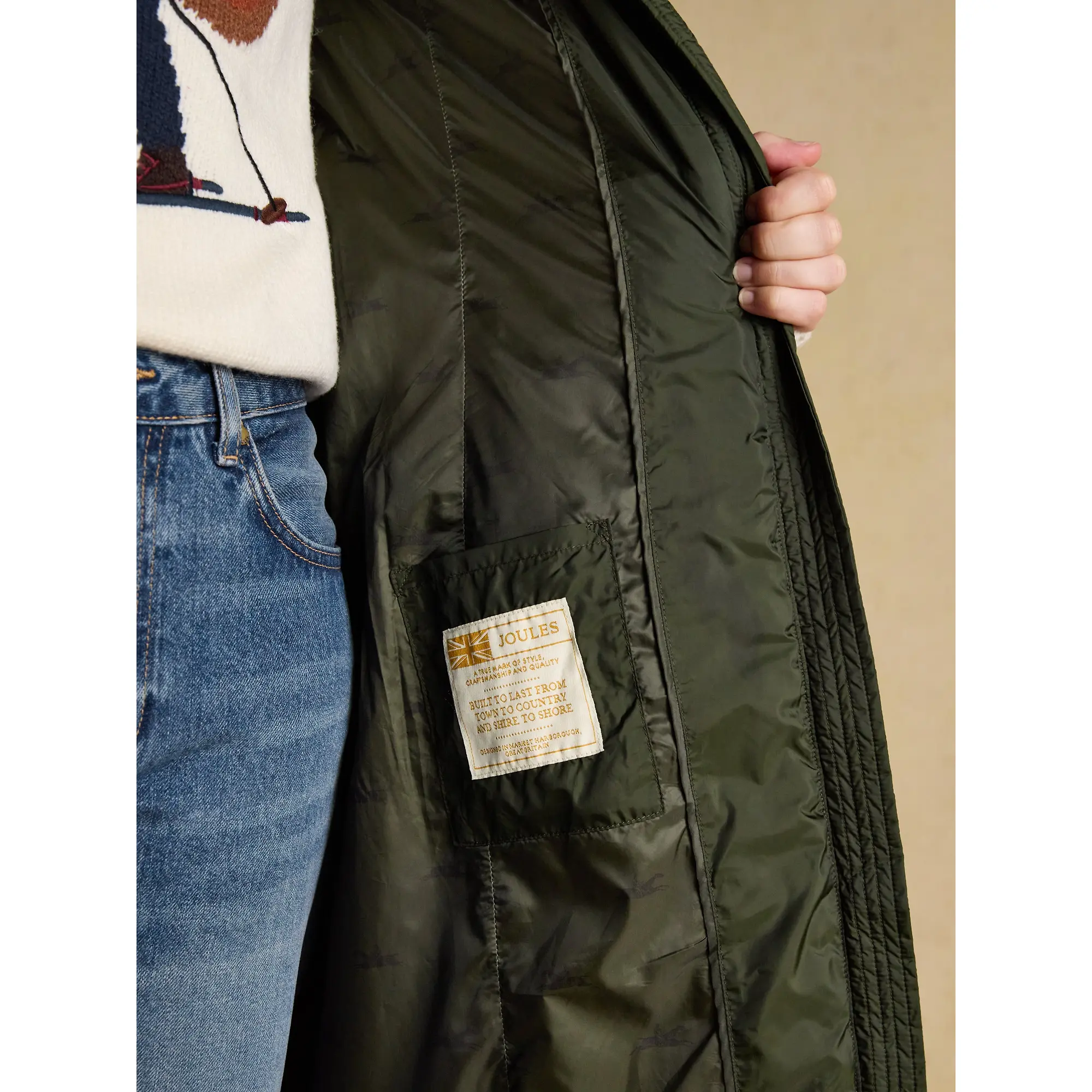 Product image 10 of 10 of Joules Women's Pembury Showerproof Longline Hooded Coat - Khaki Green