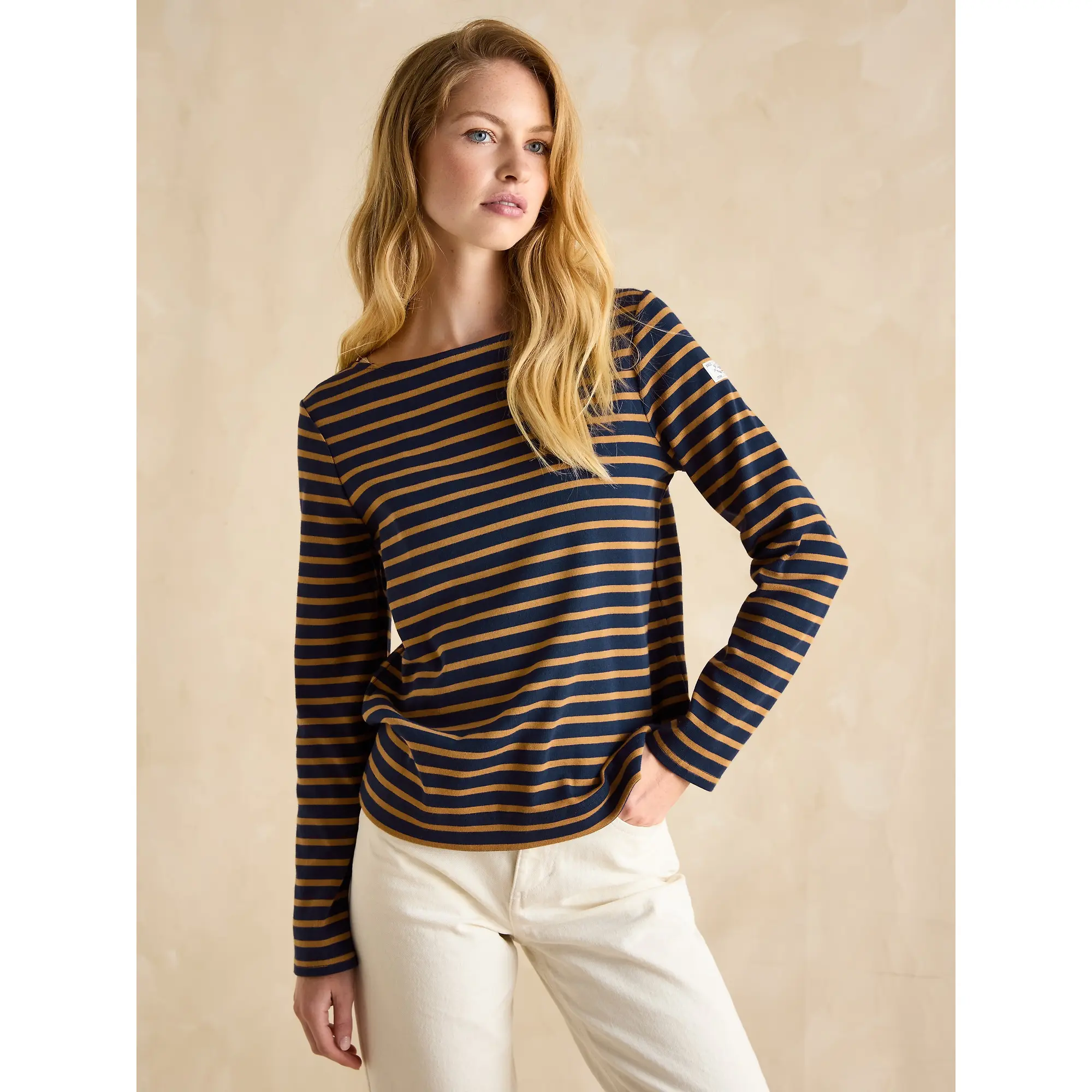 Product image 2 of 6 of Joules Women's Harbour Boat Neck Long Sleeve Breton Stripe Top - Navy & Tan