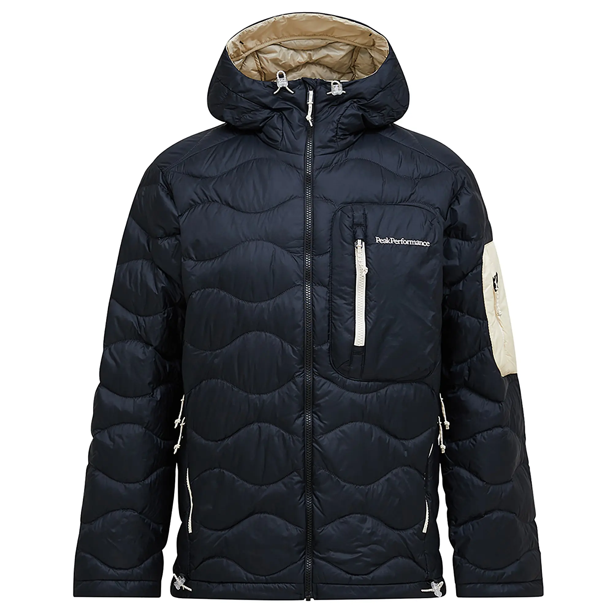 Product image 1 of 4 of Peak Performance Men's Helium Utility Down Hooded Jacket - Black/Sand Fog