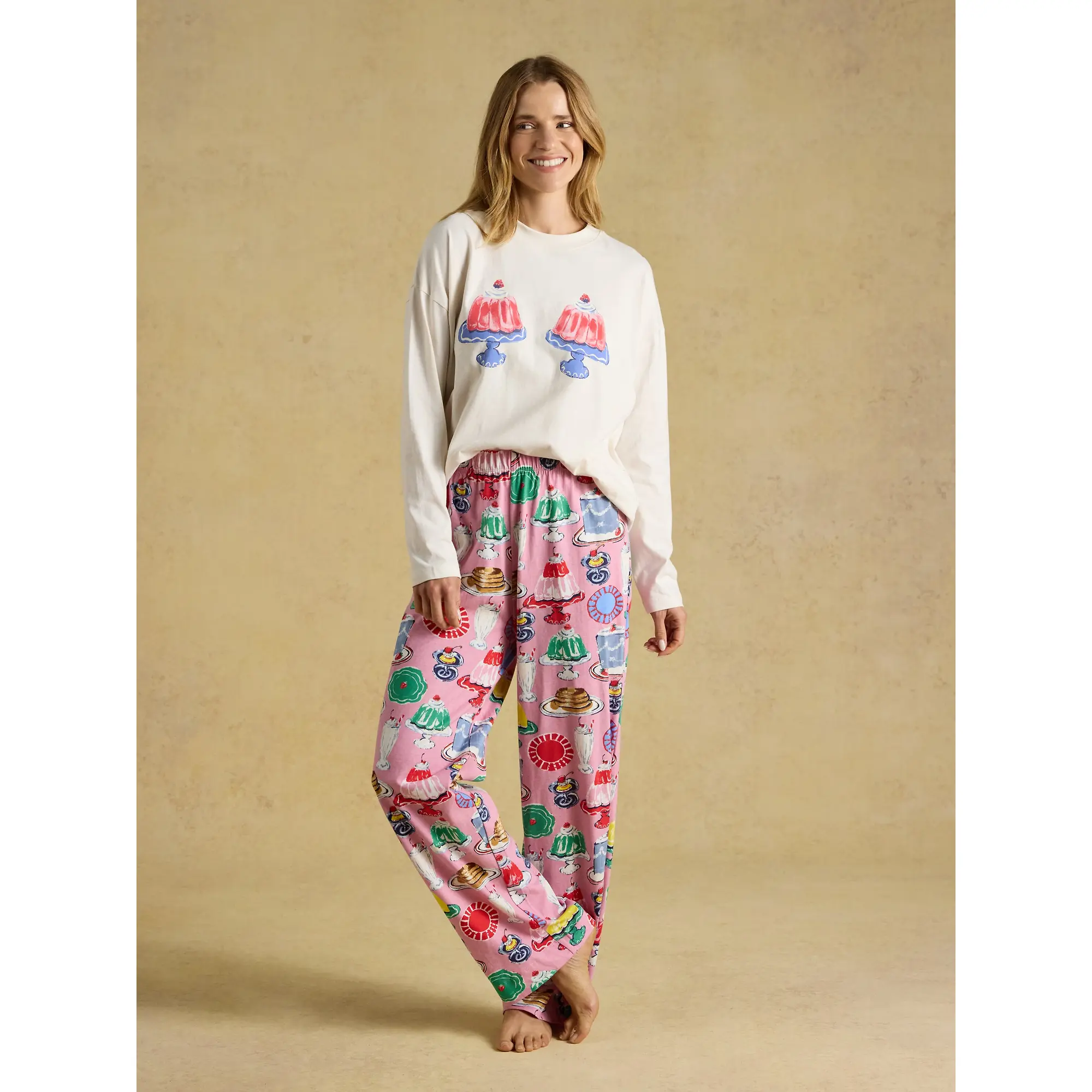 Product image 2 of 8 of Joules Women's Lyla Long Sleeve Jersey Cotton Pyjama Set - Cream / Pink Puddings Print
