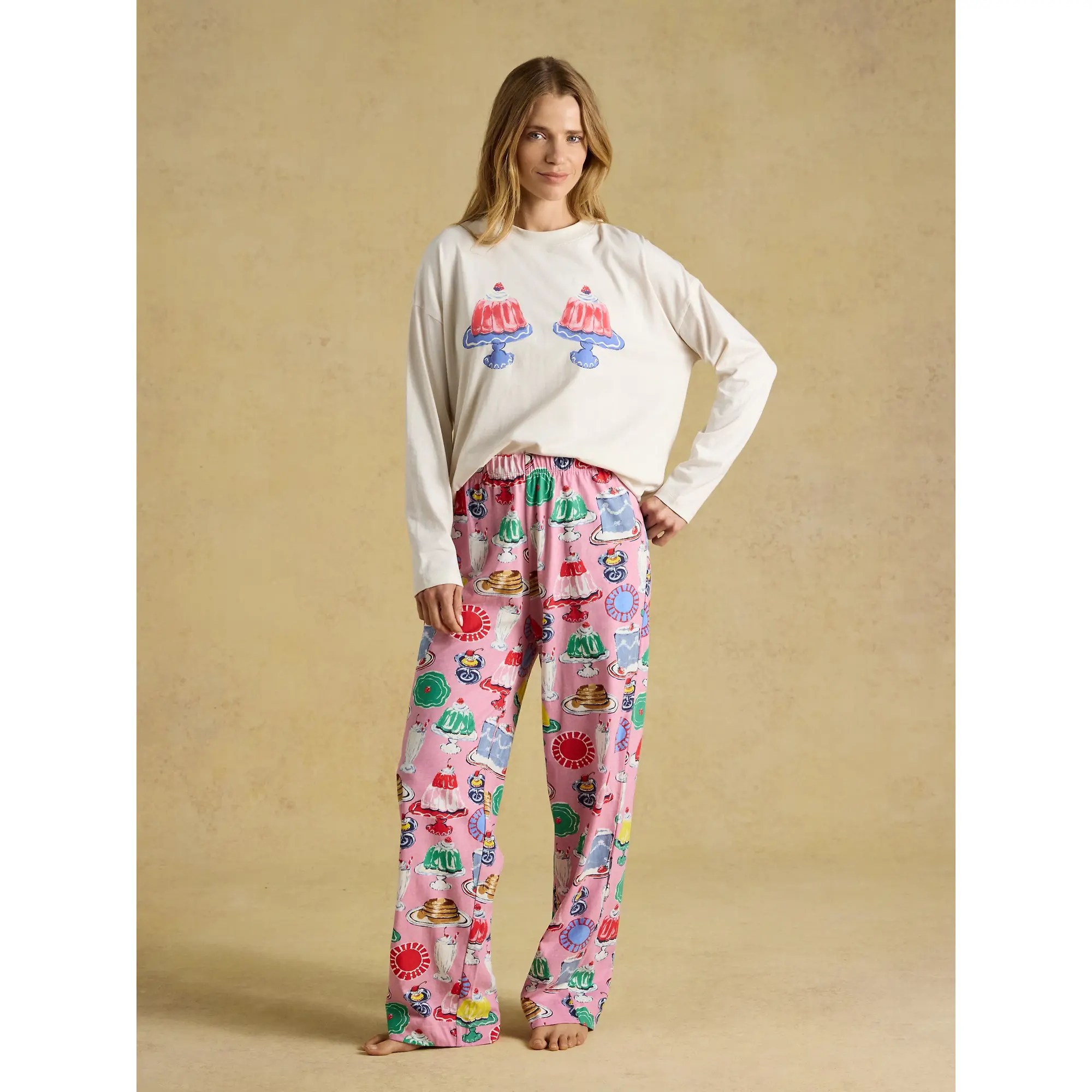 Product image 8 of 8 of Joules Women's Lyla Long Sleeve Jersey Cotton Pyjama Set - Cream / Pink Puddings Print