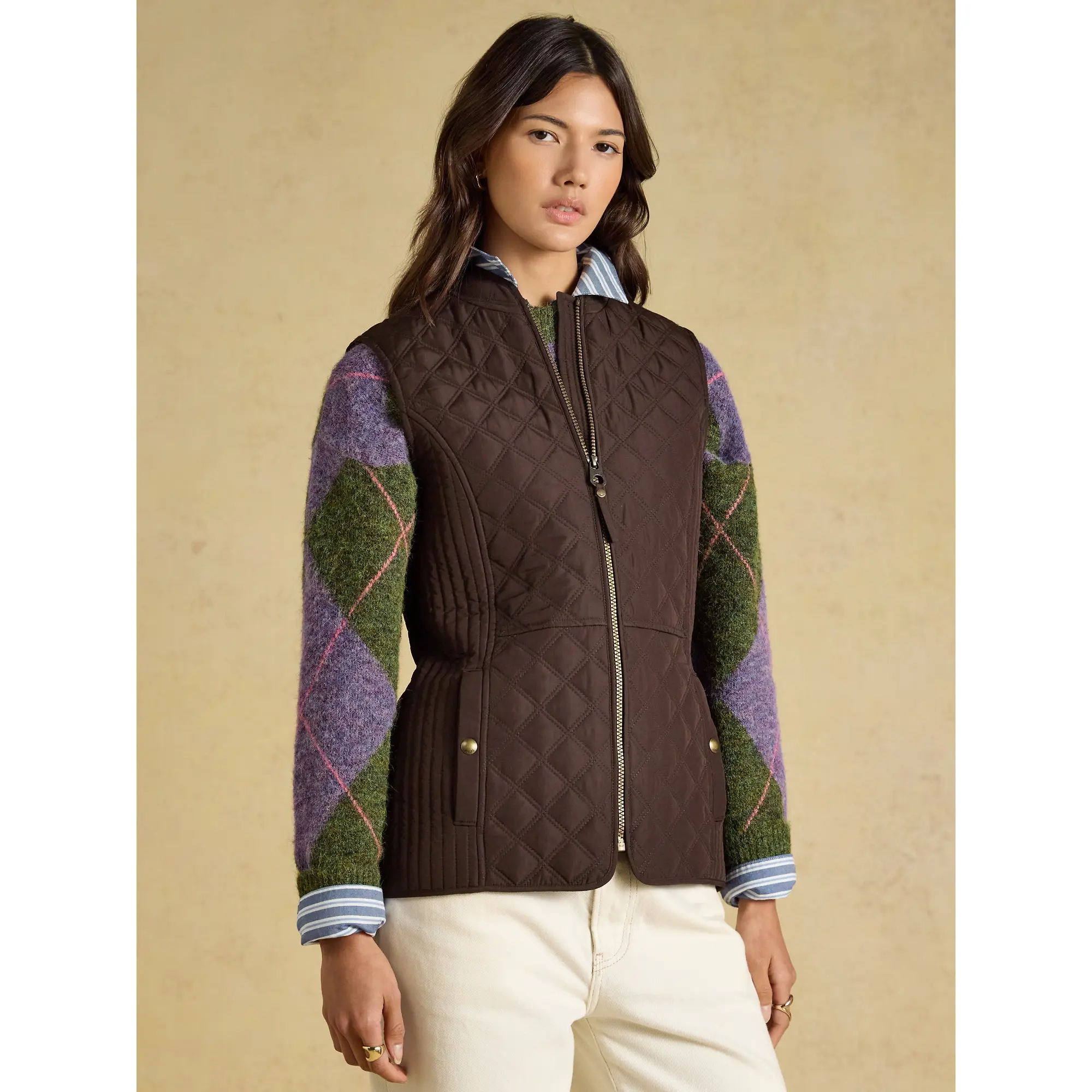 Product image 2 of 8 of Joules Women's Minx Showerproof Diamond Quilted Gilet - Chocolate Brown