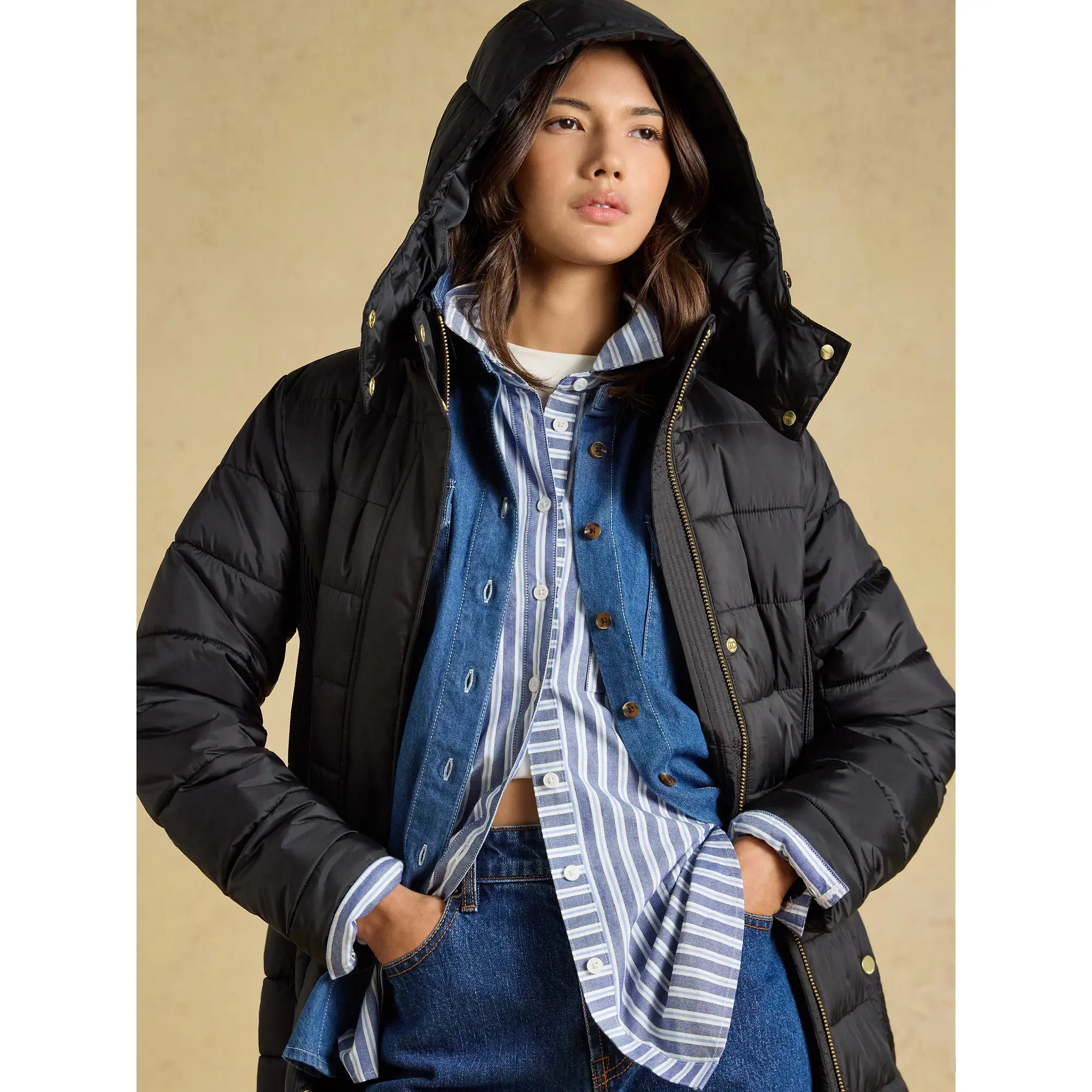 Product image 4 of 10 of Joules Women's Windborough Showerproof Longline Padded Coat with Hood - Black