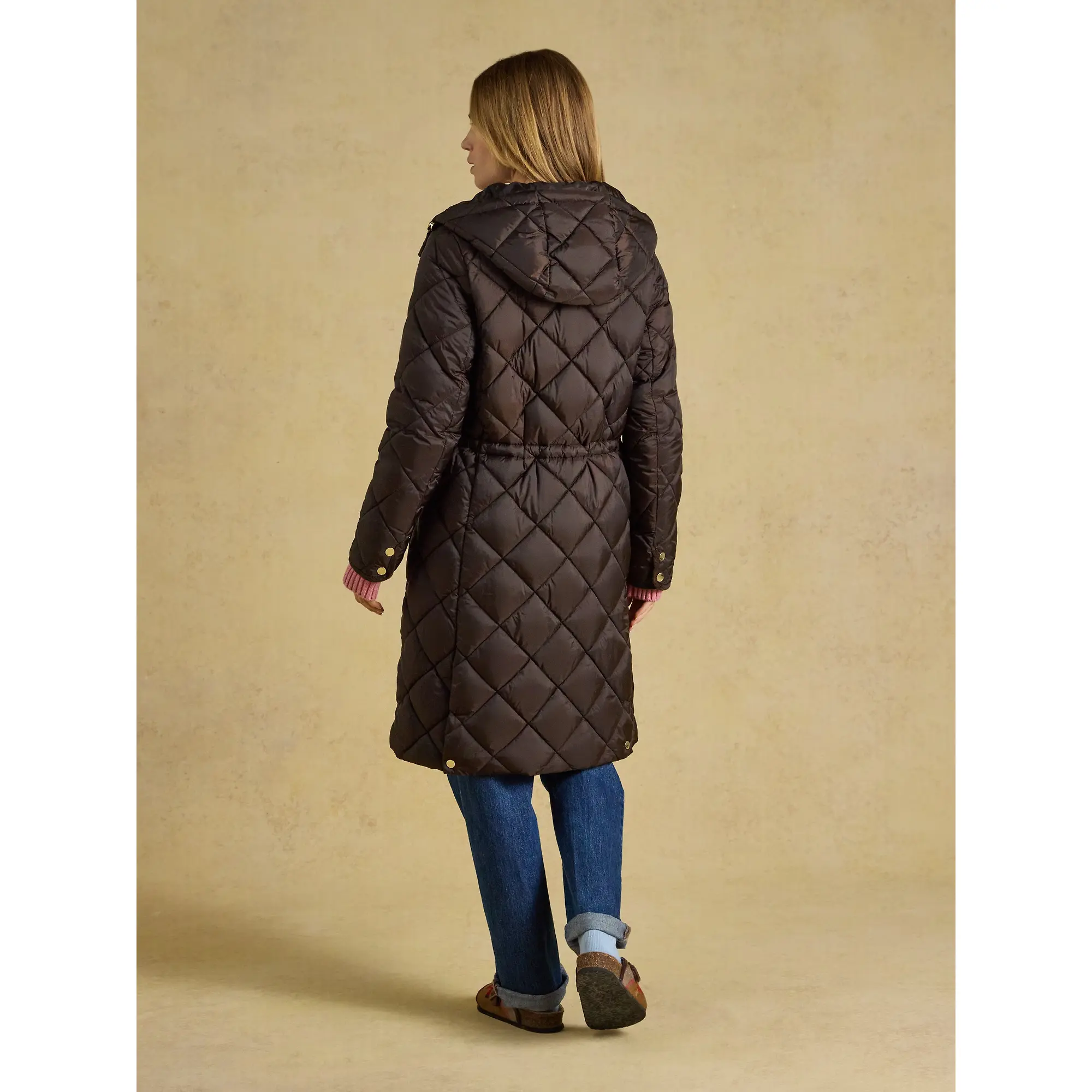 Product image 2 of 9 of Joules Womens Chessington Showerproof Longline Diamond Quilted Coat with Hood - Chocolate Brown
