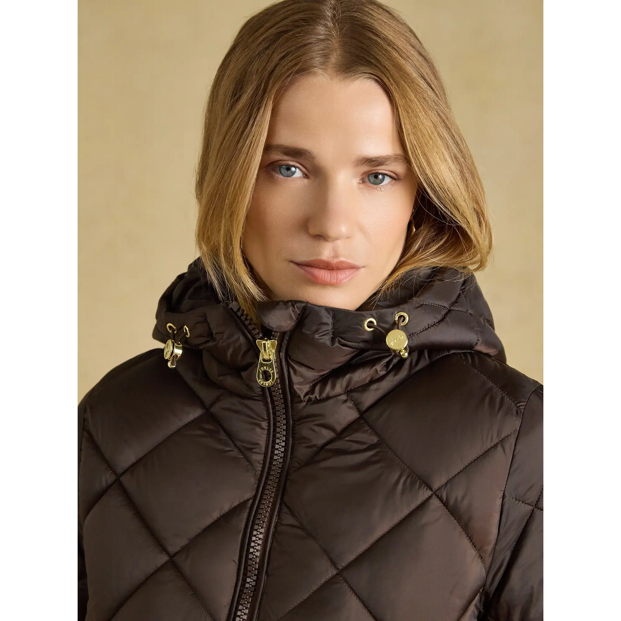 Product image 3 of 9 of Joules Womens Chessington Showerproof Longline Diamond Quilted Coat with Hood - Chocolate Brown