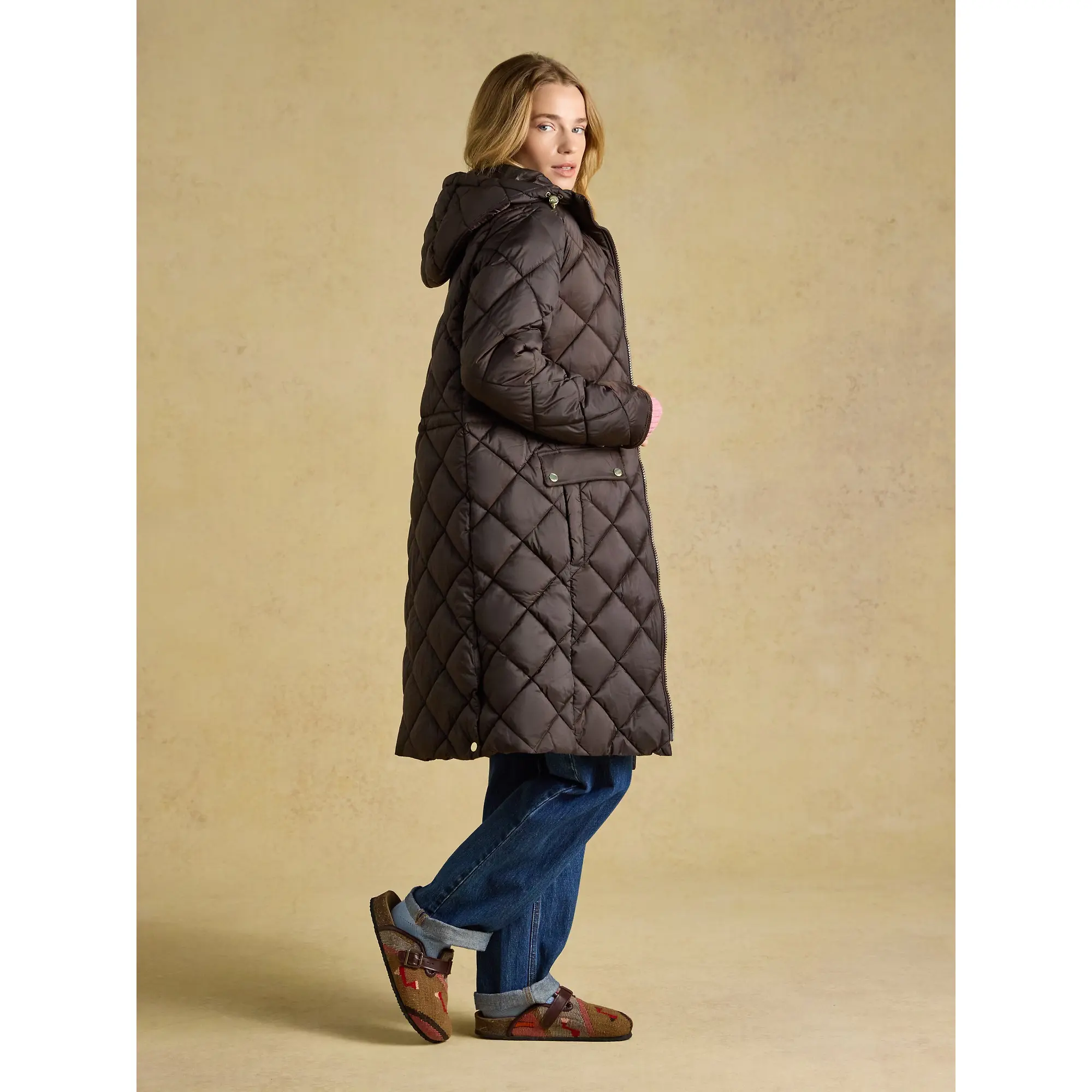Product image 5 of 9 of Joules Womens Chessington Showerproof Longline Diamond Quilted Coat with Hood - Chocolate Brown