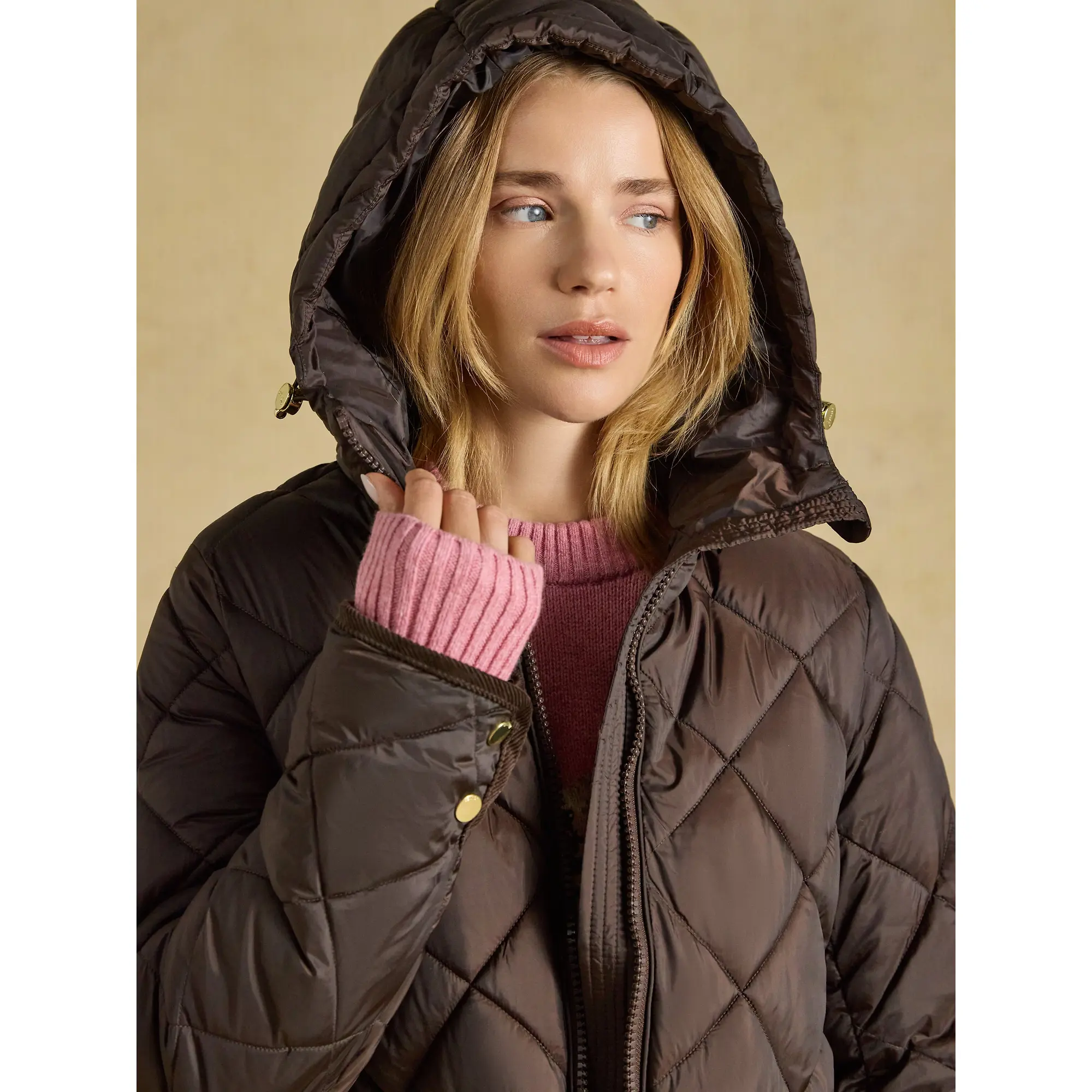 Product image 7 of 9 of Joules Womens Chessington Showerproof Longline Diamond Quilted Coat with Hood - Chocolate Brown