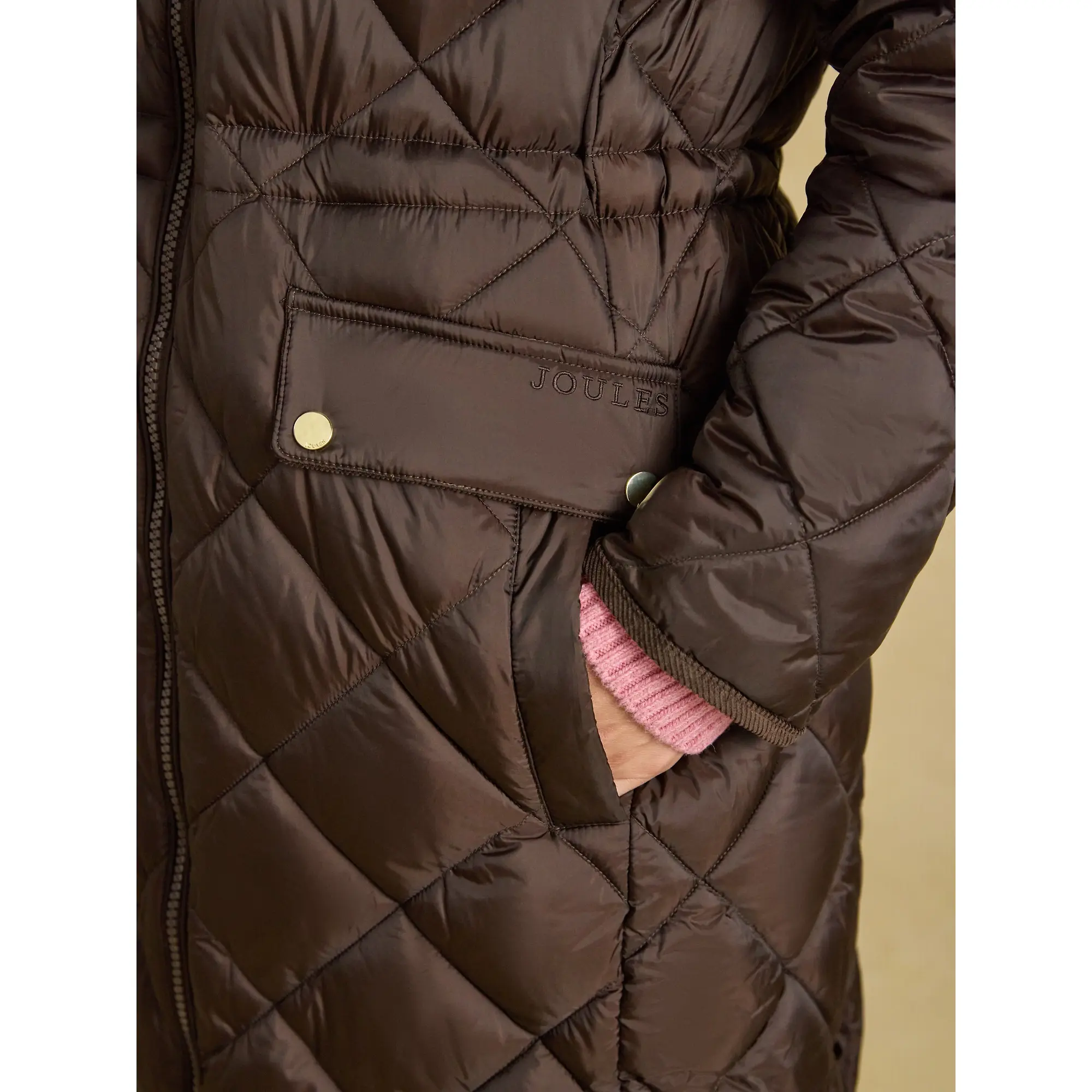Product image 8 of 9 of Joules Womens Chessington Showerproof Longline Diamond Quilted Coat with Hood - Chocolate Brown