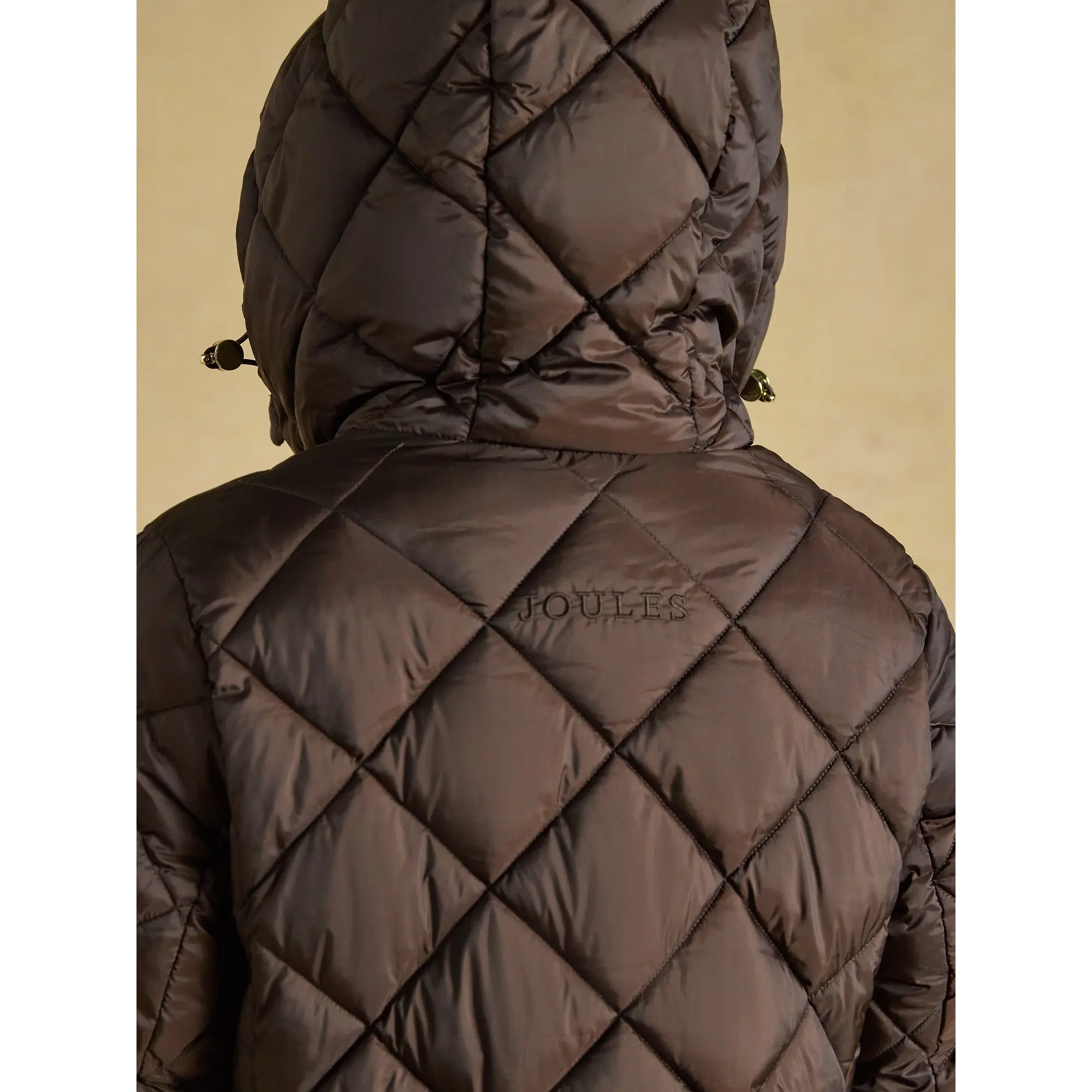 Product image 9 of 9 of Joules Womens Chessington Showerproof Longline Diamond Quilted Coat with Hood - Chocolate Brown