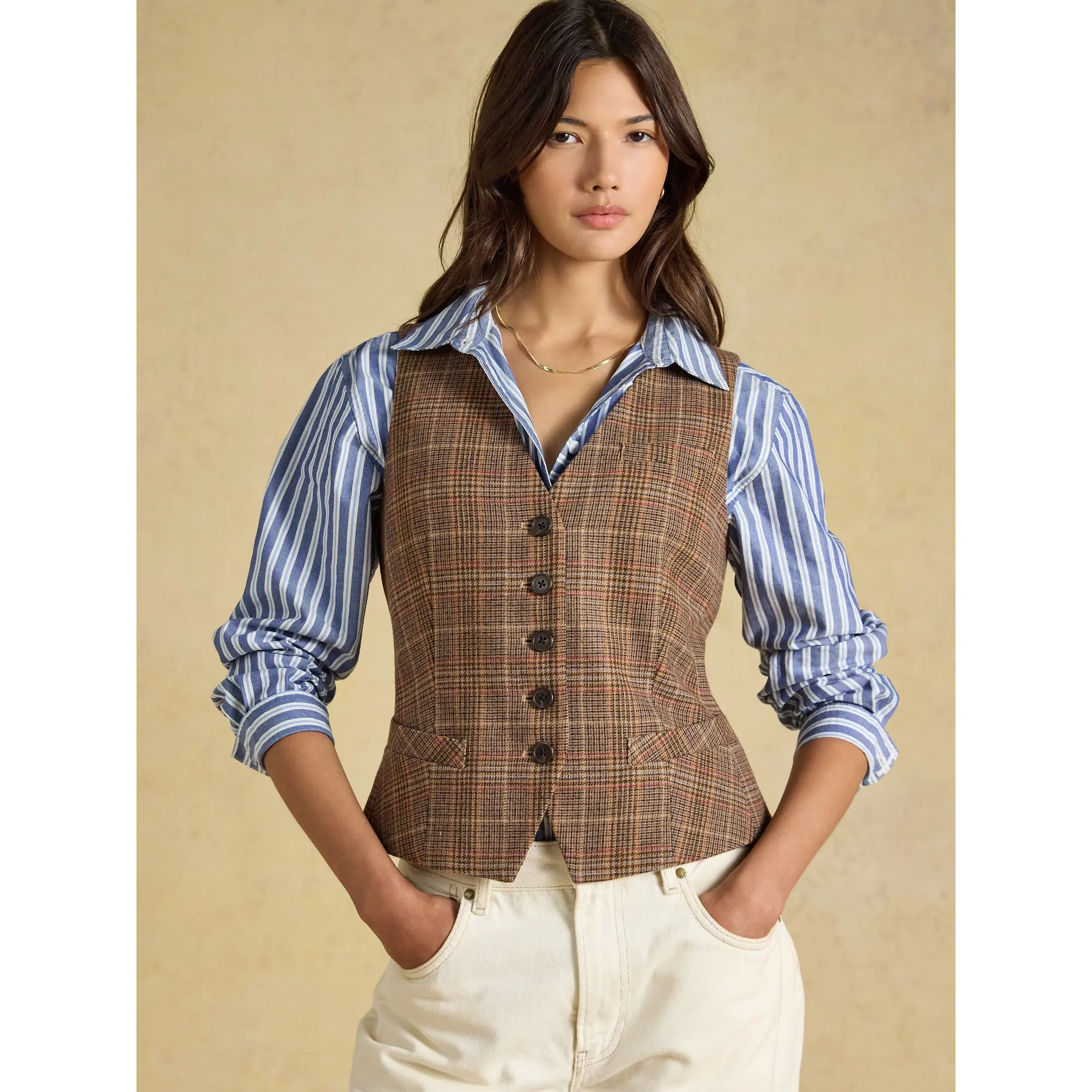 Product image 3 of 7 of Joules Women's Foxley Check Wool Rich Check Tweed Waistcoat - Erica Tweed