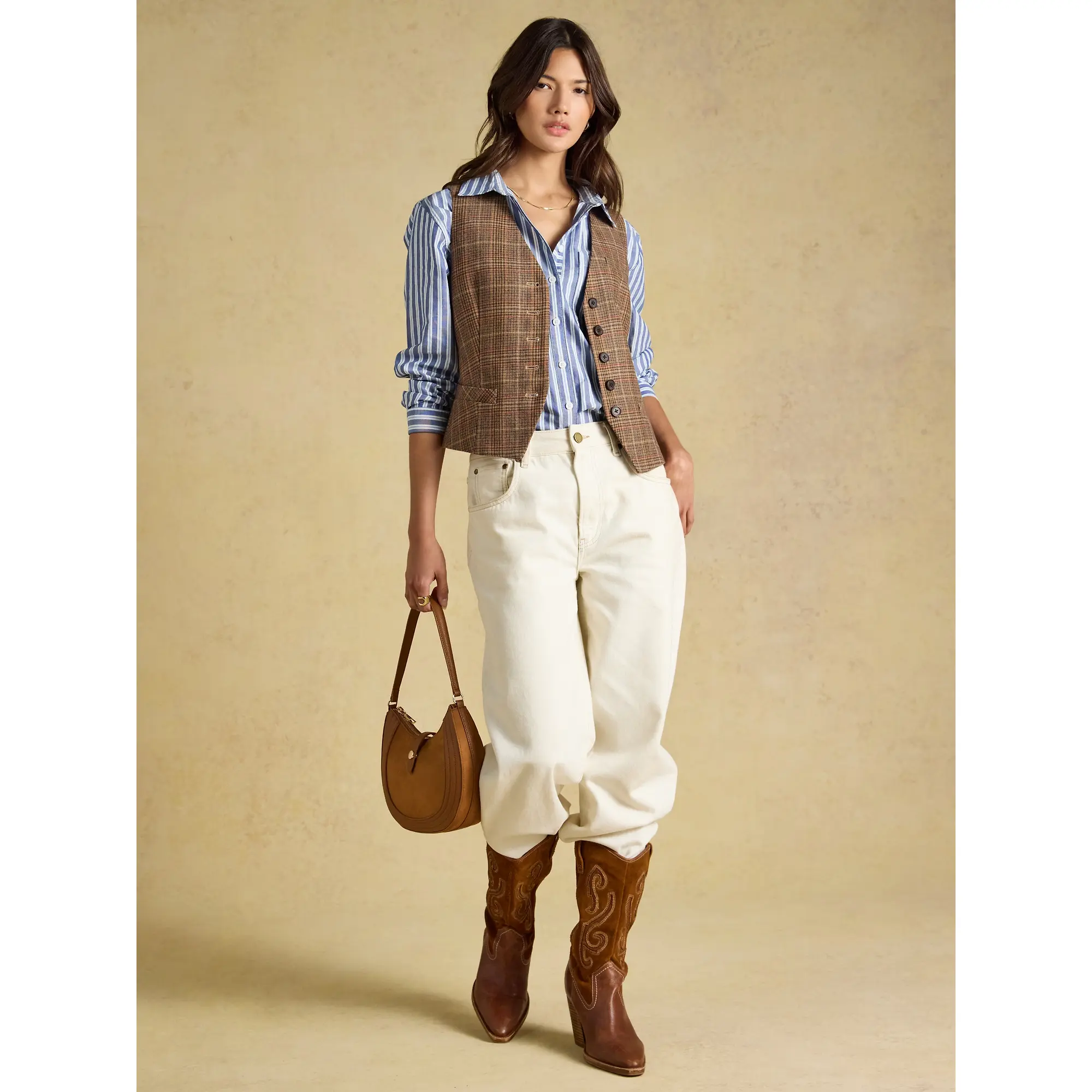 Product image 7 of 7 of Joules Women's Foxley Check Wool Rich Check Tweed Waistcoat - Erica Tweed