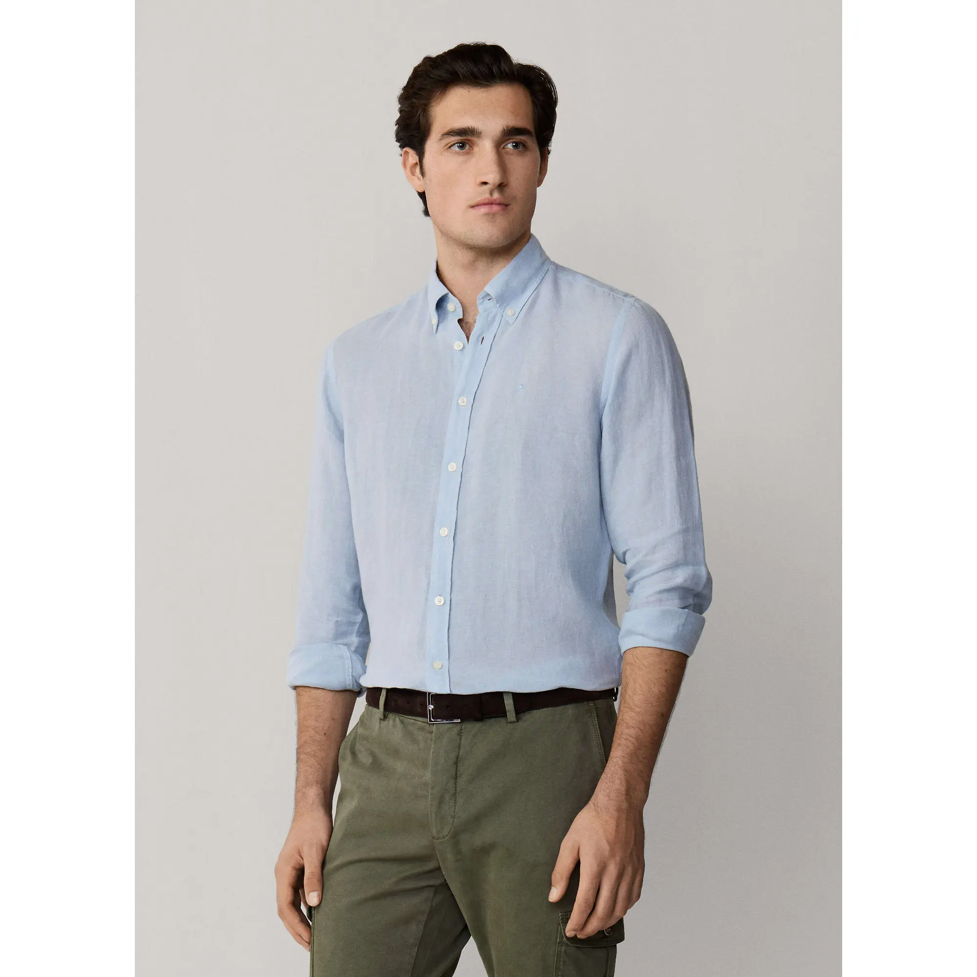 Product image 2 of 10 of Hackett Men's Tailored Fit Garment Dyed Linen Shirt with Button Down Collar - Oxford Blue
