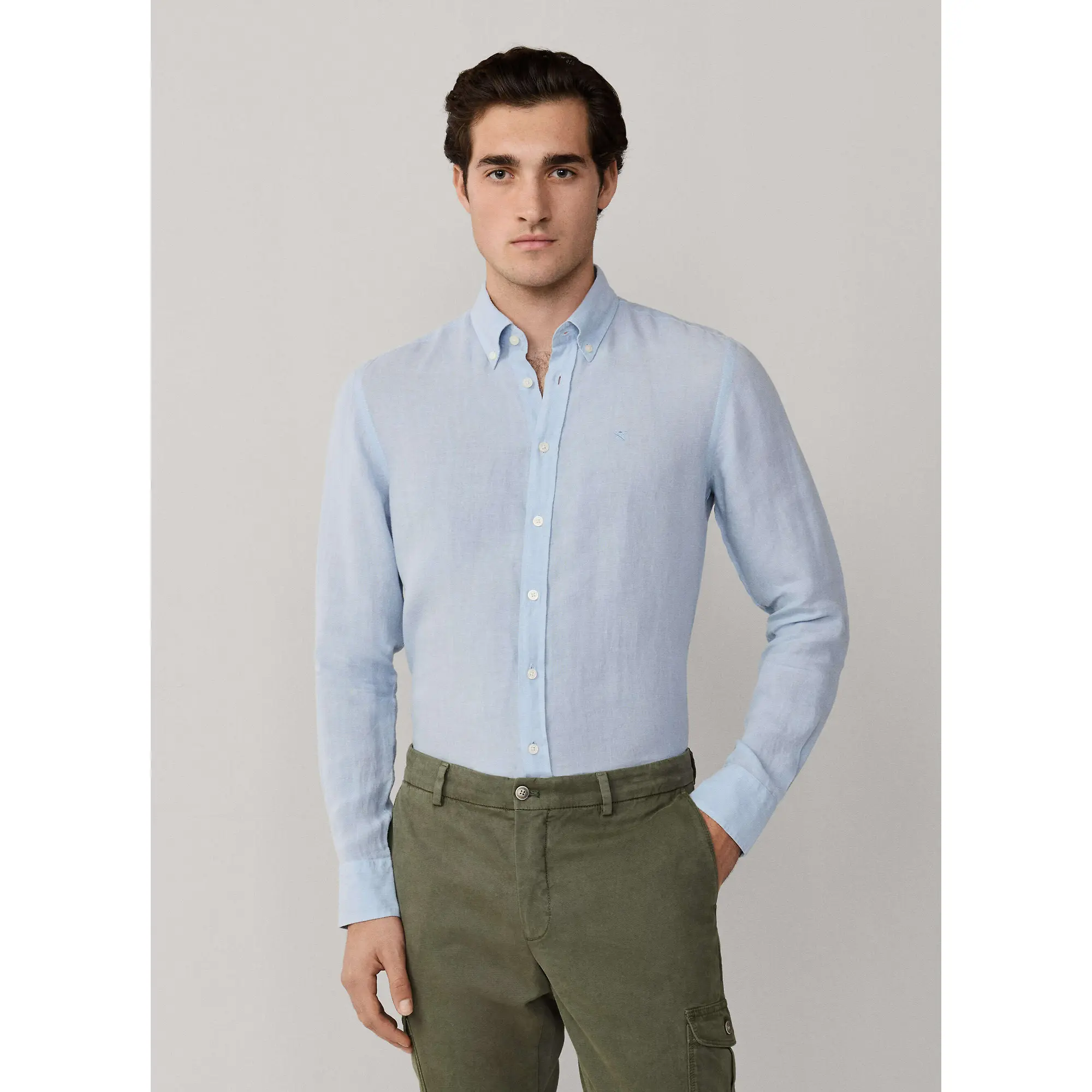 Product image 3 of 10 of Hackett Men's Tailored Fit Garment Dyed Linen Shirt with Button Down Collar - Oxford Blue