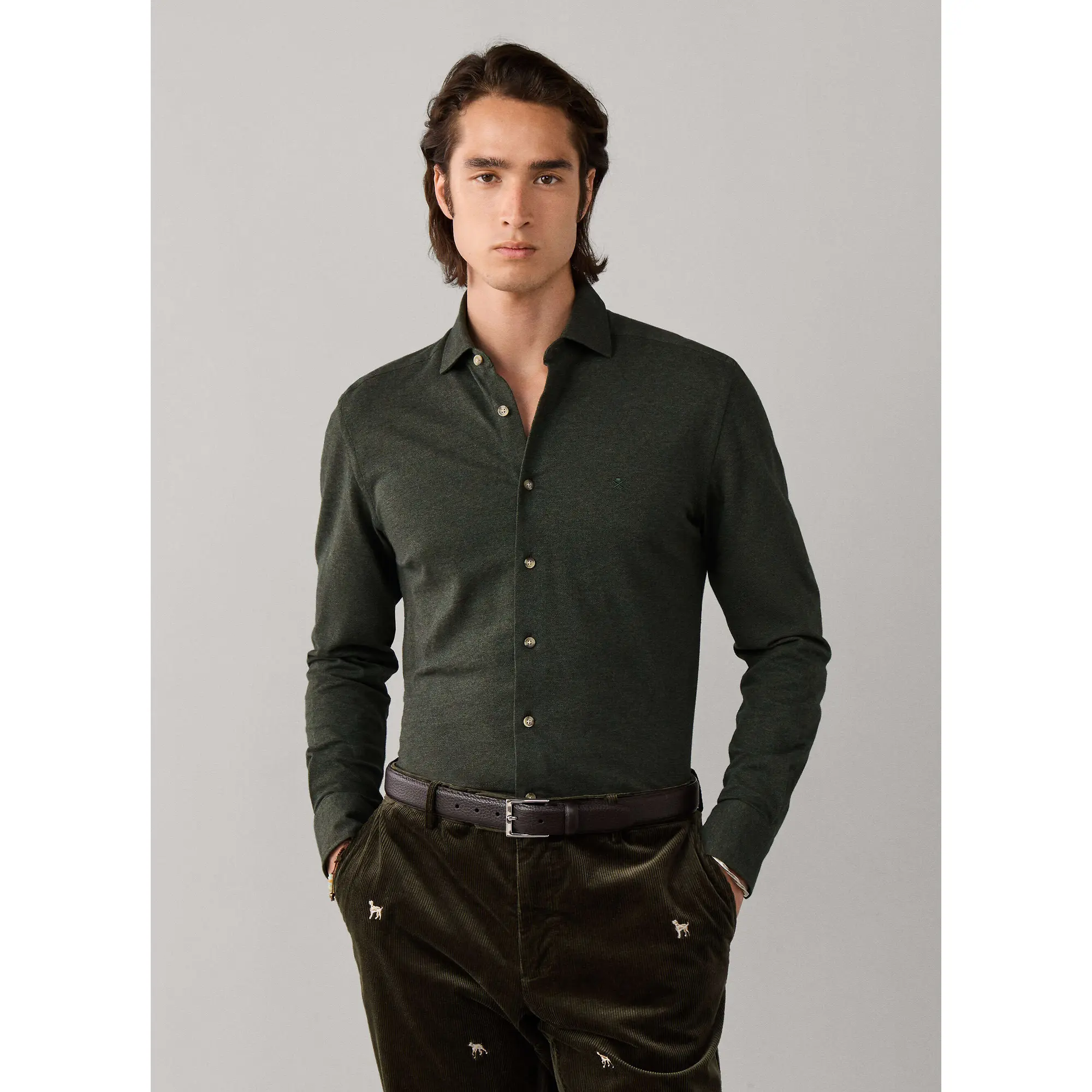Product image 5 of 8 of Hackett Men's Tailored Fit Melange Jersey Shirt - Hunter Green