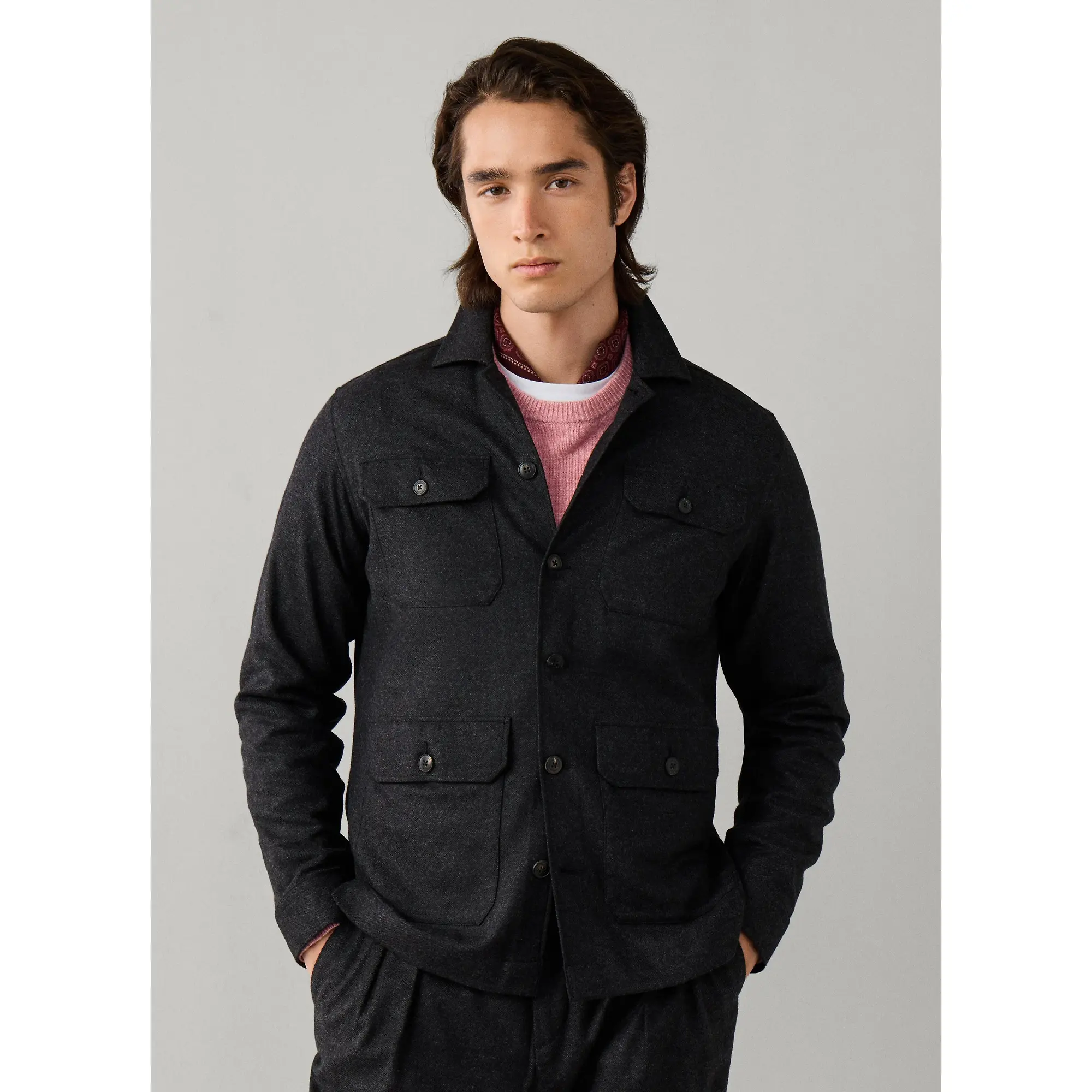 Product image 2 of 8 of Hackett Men's Stretch Cashmere 4 Pocket Overshirt - Charcoal Grey