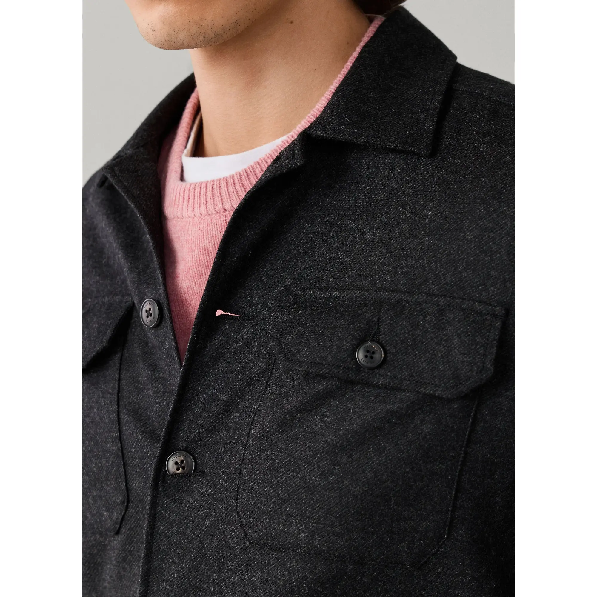 Product image 3 of 8 of Hackett Men's Stretch Cashmere 4 Pocket Overshirt - Charcoal Grey