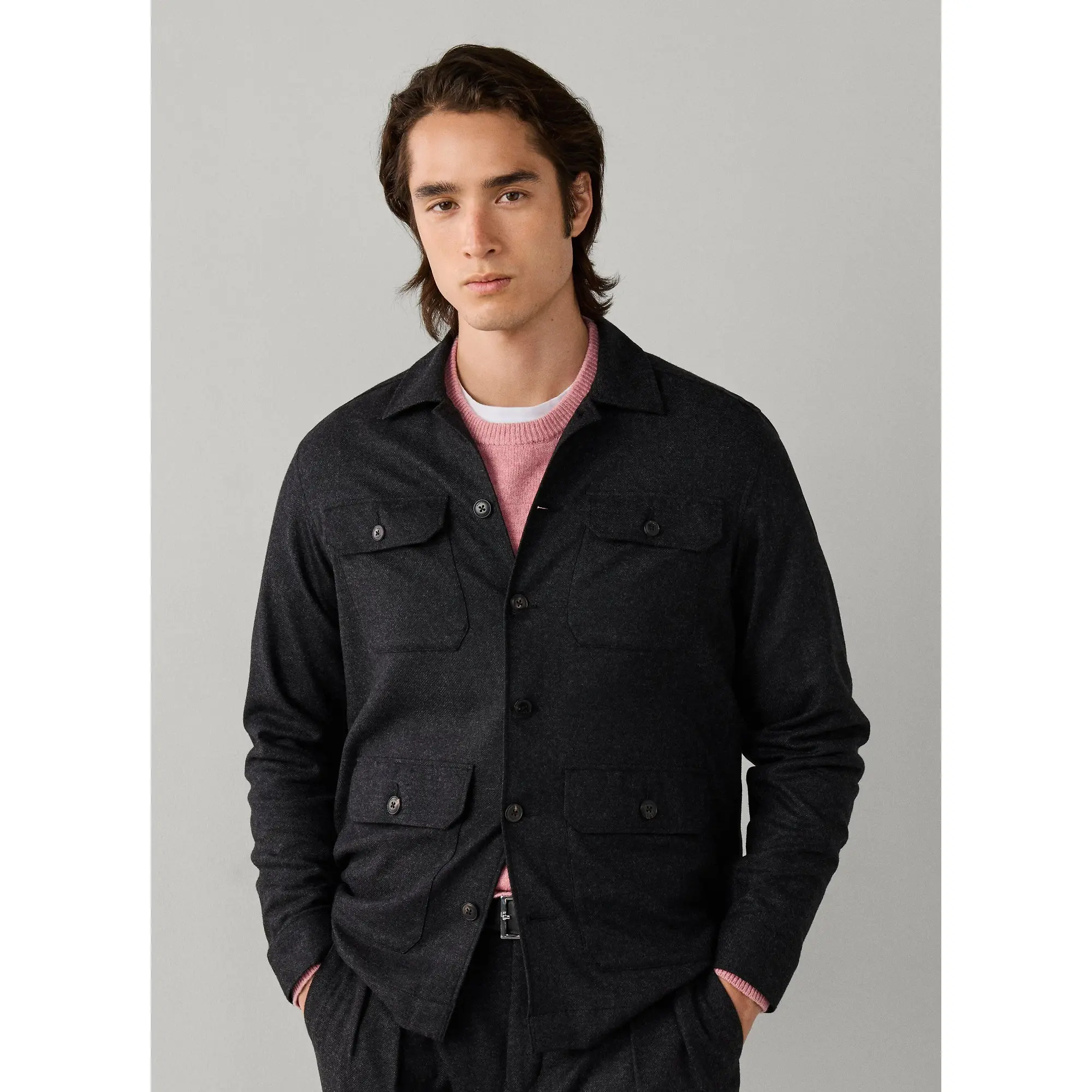 Product image 4 of 8 of Hackett Men's Stretch Cashmere 4 Pocket Overshirt - Charcoal Grey