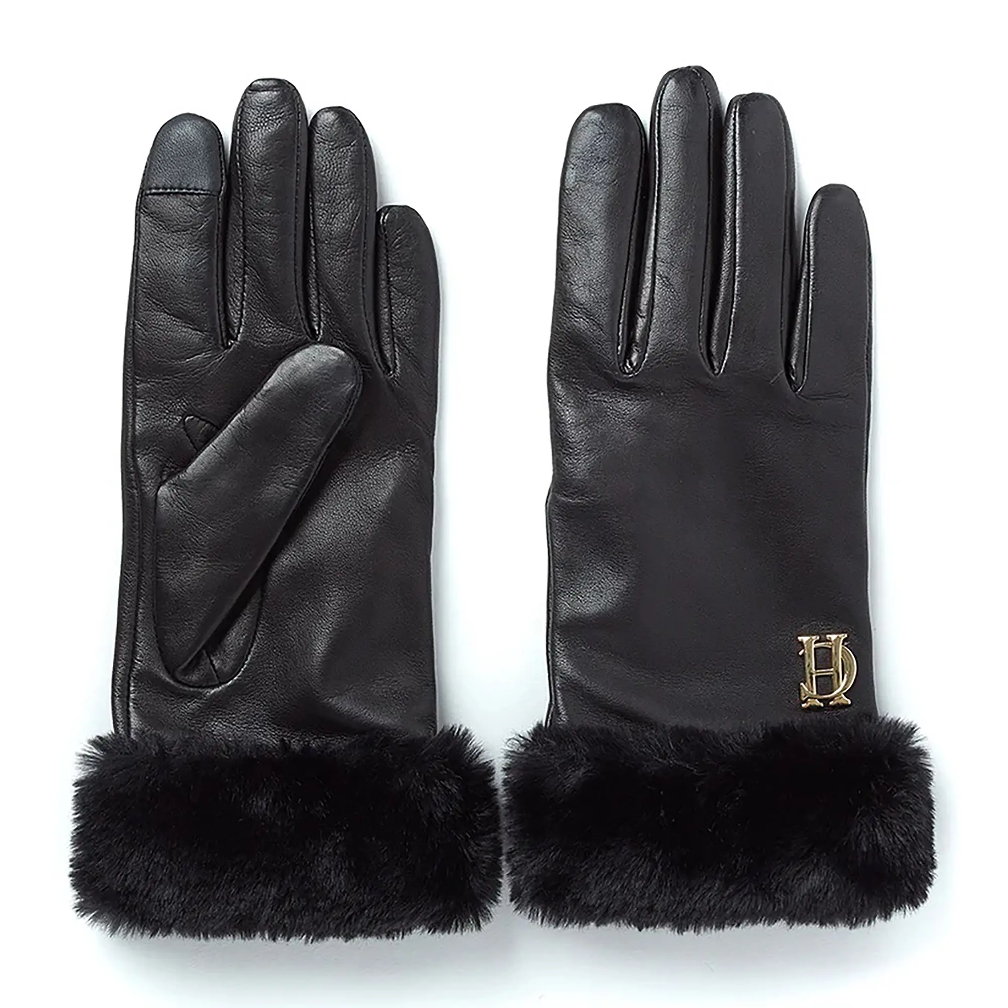 Product image 1 of 6 of Holland Cooper Women's Cashmere Lined Faux Fur Trim Leather Gloves - Black