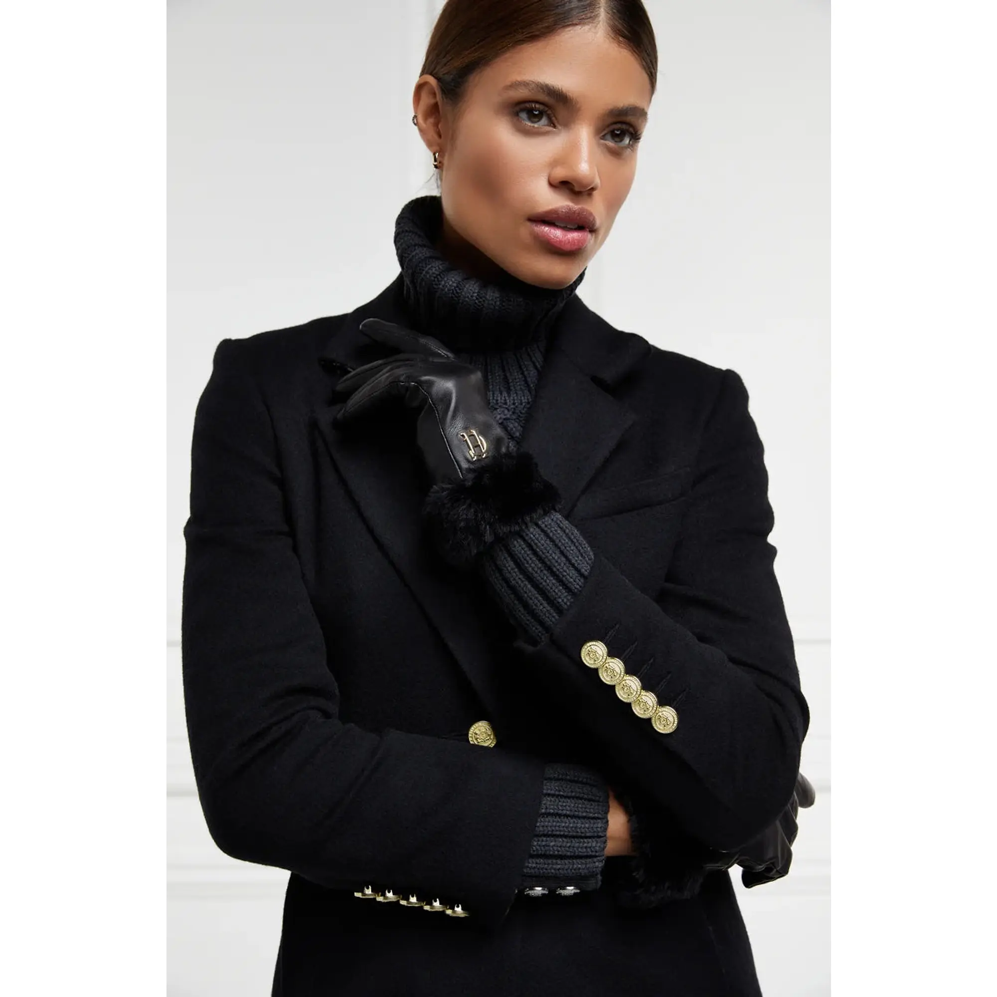Product image 3 of 6 of Holland Cooper Women's Cashmere Lined Faux Fur Trim Leather Gloves - Black