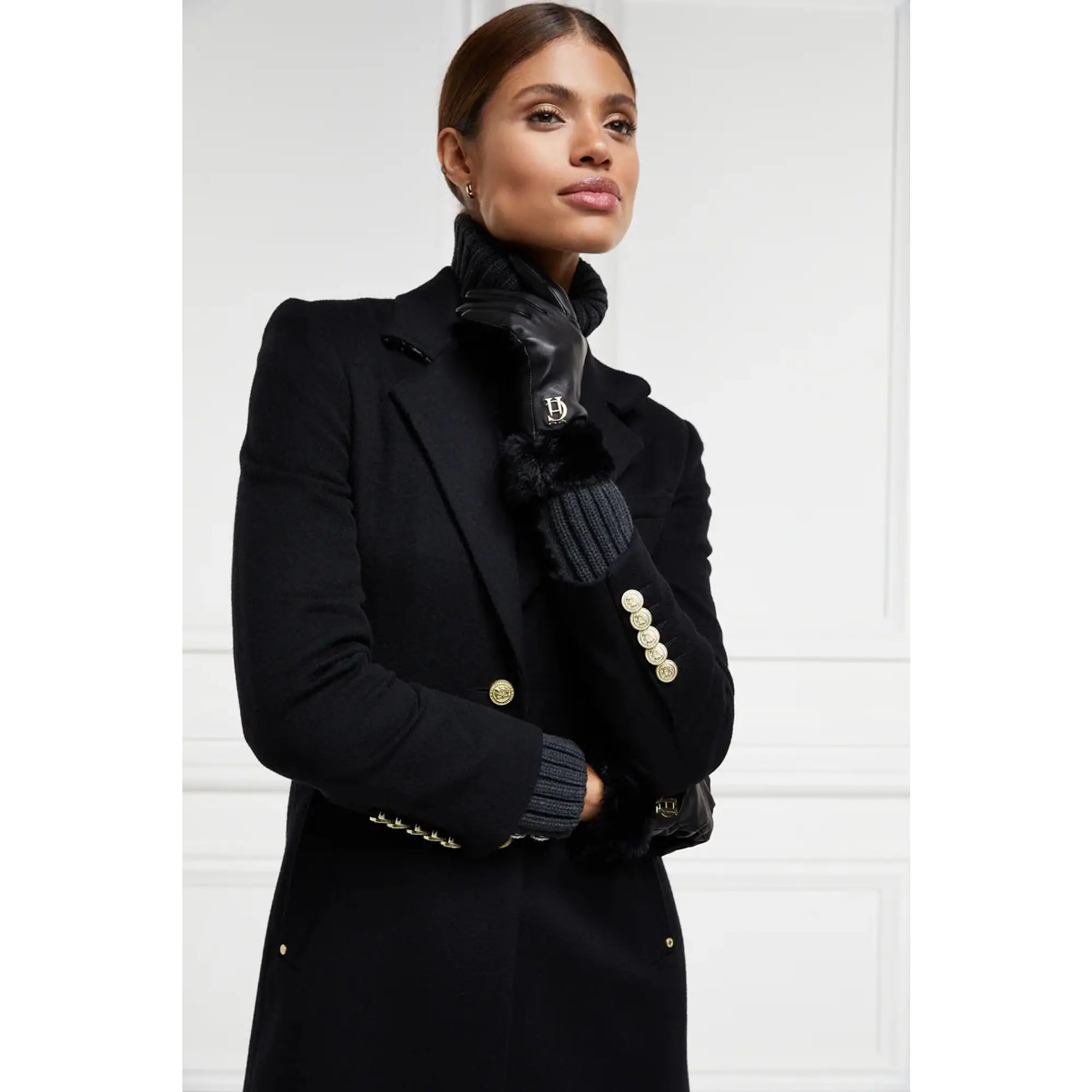 Product image 6 of 6 of Holland Cooper Women's Cashmere Lined Faux Fur Trim Leather Gloves - Black
