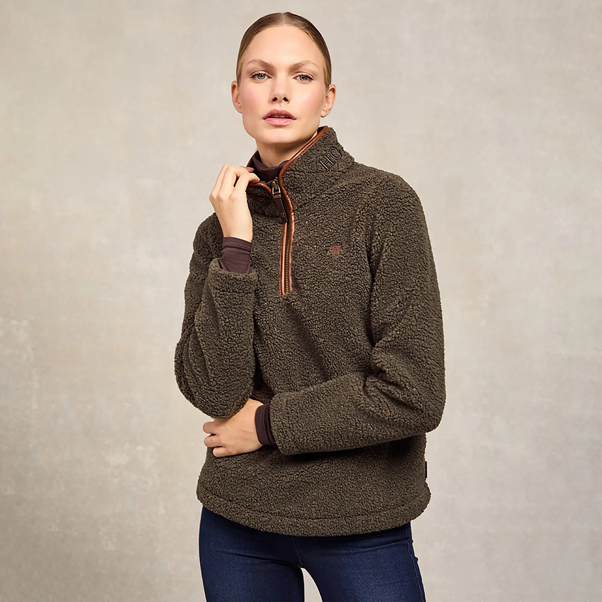 Product image 2 of 9 of Holland Cooper Women's Country Fleece Quarter Zip - Khaki Borg