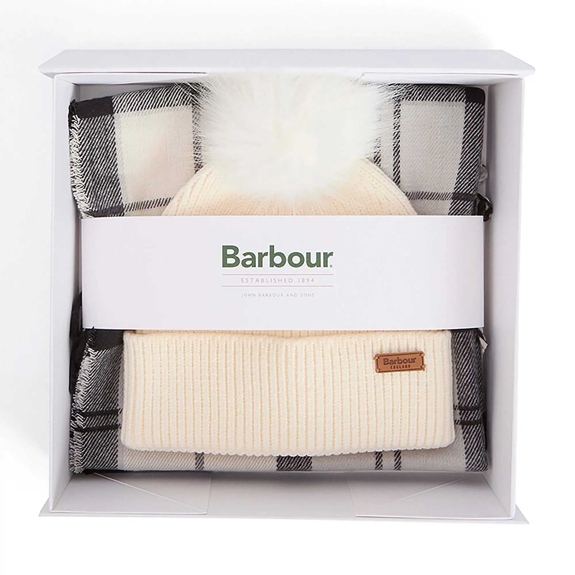 Product image 1 of 10 of Barbour Women's Dover Pom Beanie & Hailes Scarf Gift Set - Monochrome Tartan