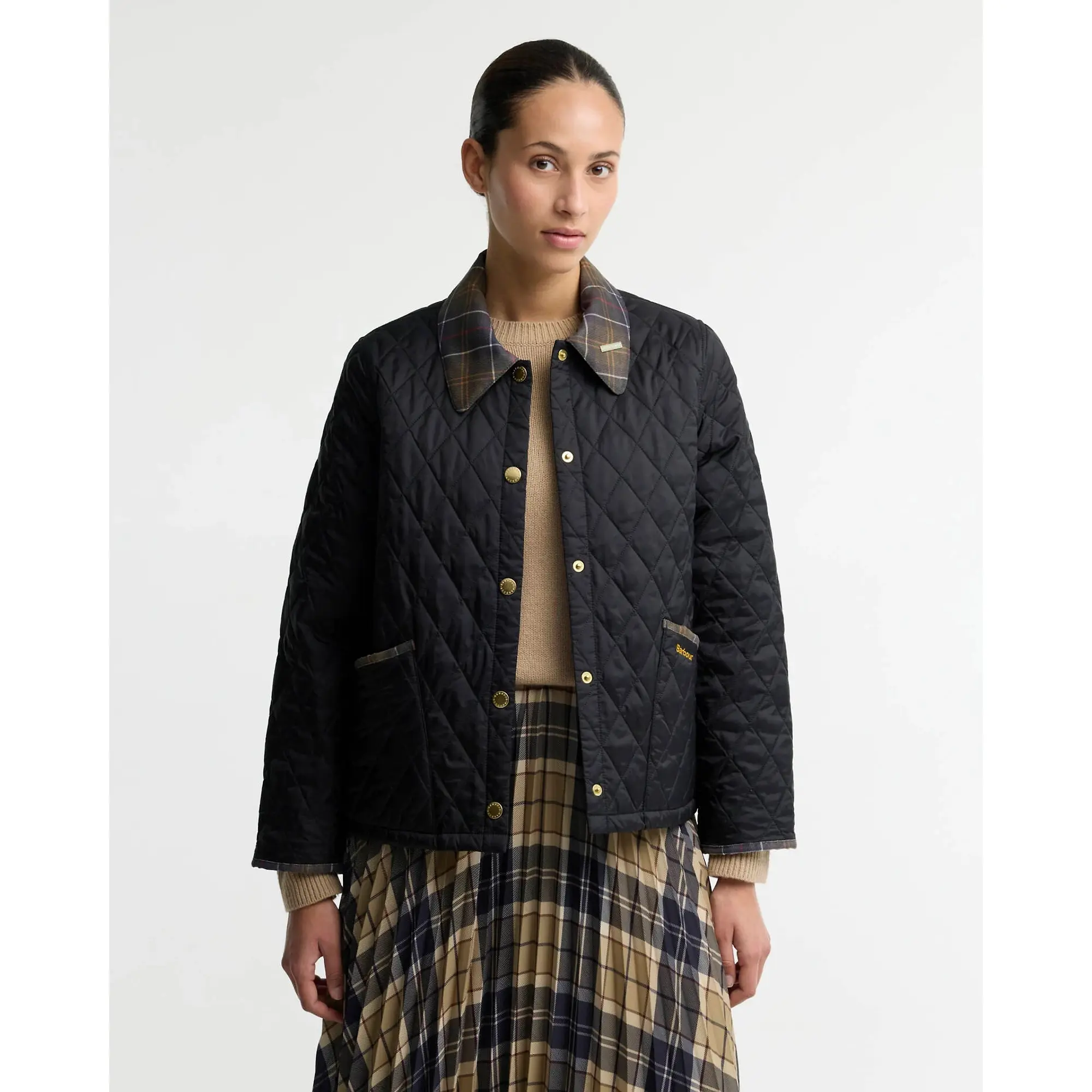 Product image 2 of 6 of Barbour Women's Icons Tartan Collar Cropped Liddesdale Quilted Jacket - Black / Classic