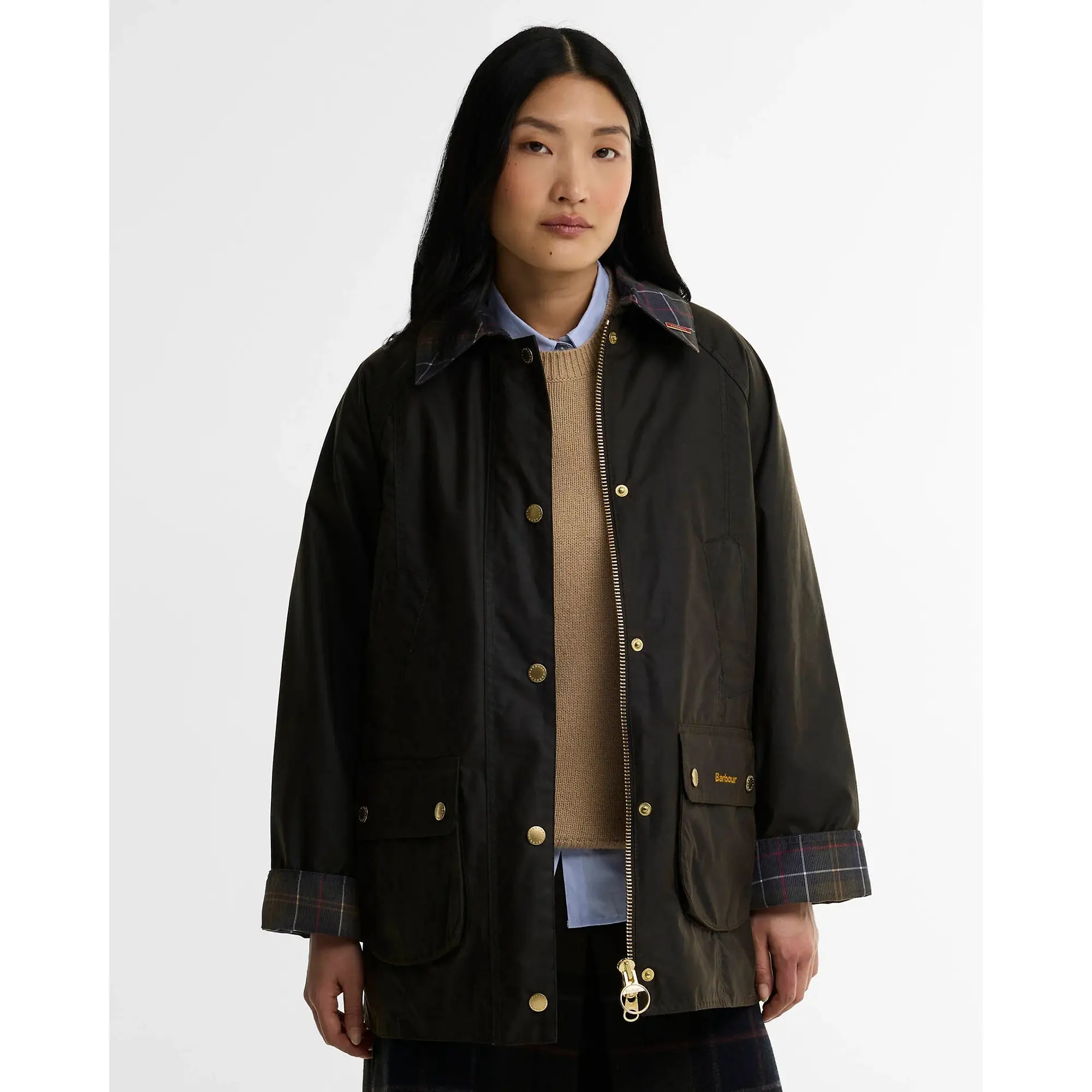 Product image 2 of 6 of Barbour Women's Icons Tartan Collar Modern Beadnell Waxed Jacket - Olive / Classic