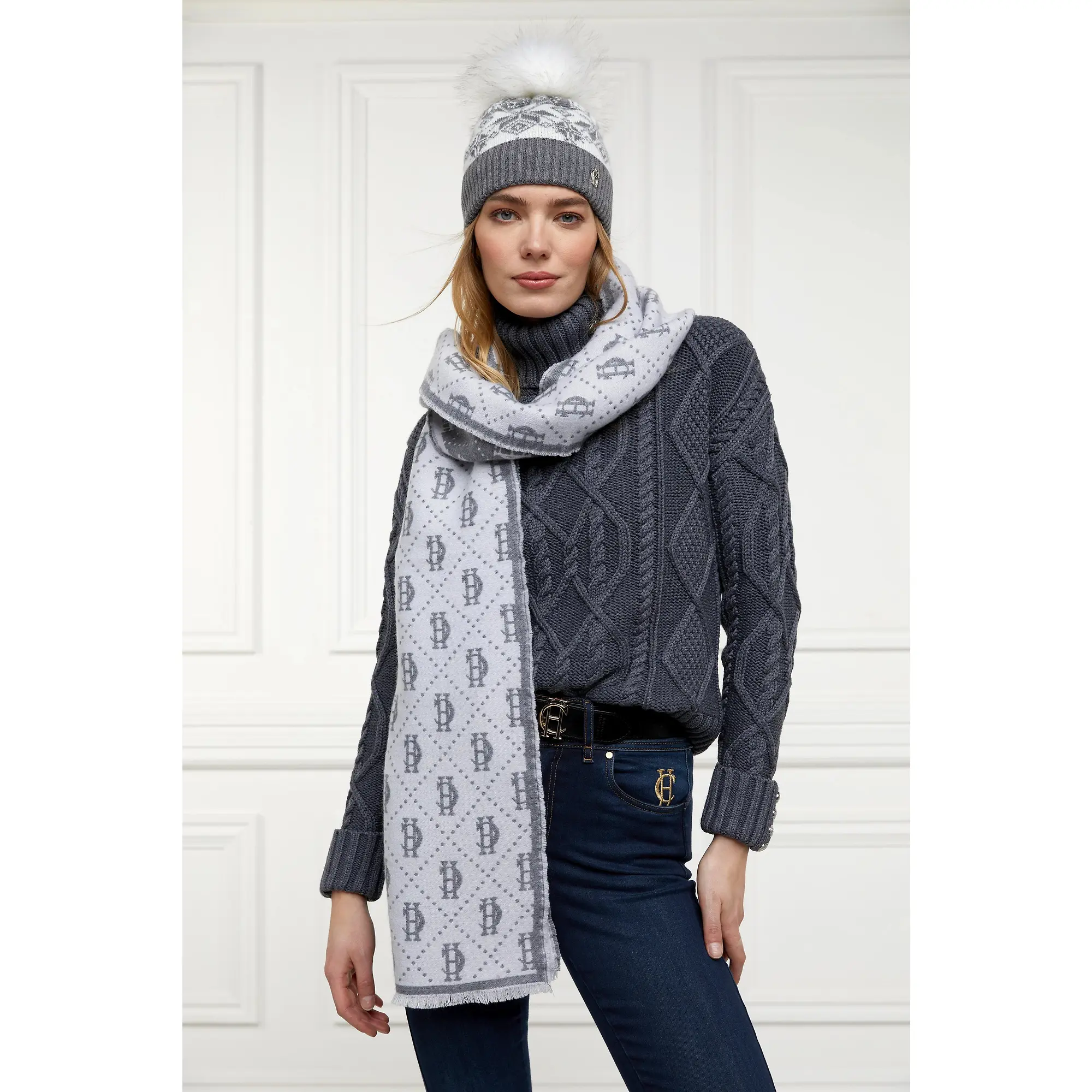 Product image 4 of 4 of Holland Cooper Beatrice Beanie Bobble Hat -  Grey Marl Cream