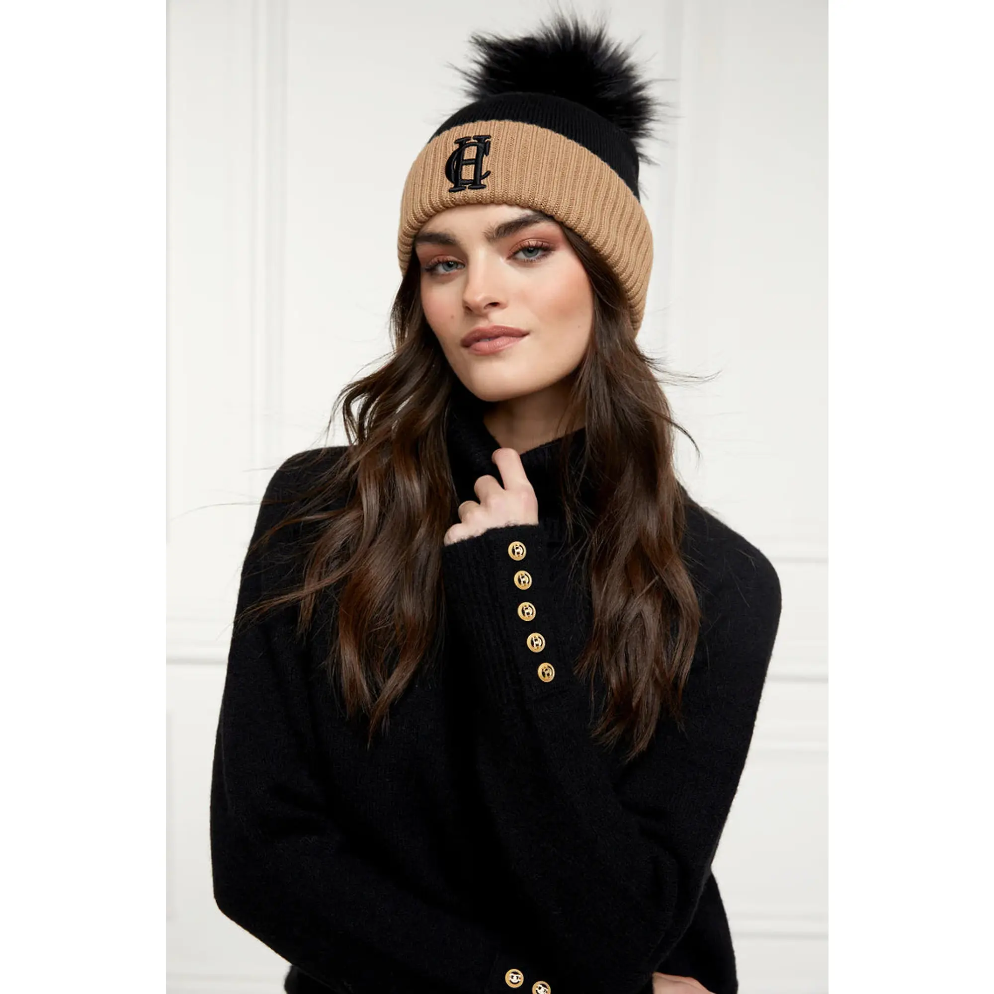 Product image 3 of 5 of Holland Cooper Chelsea Merino Beanie Bobble Hat - Black