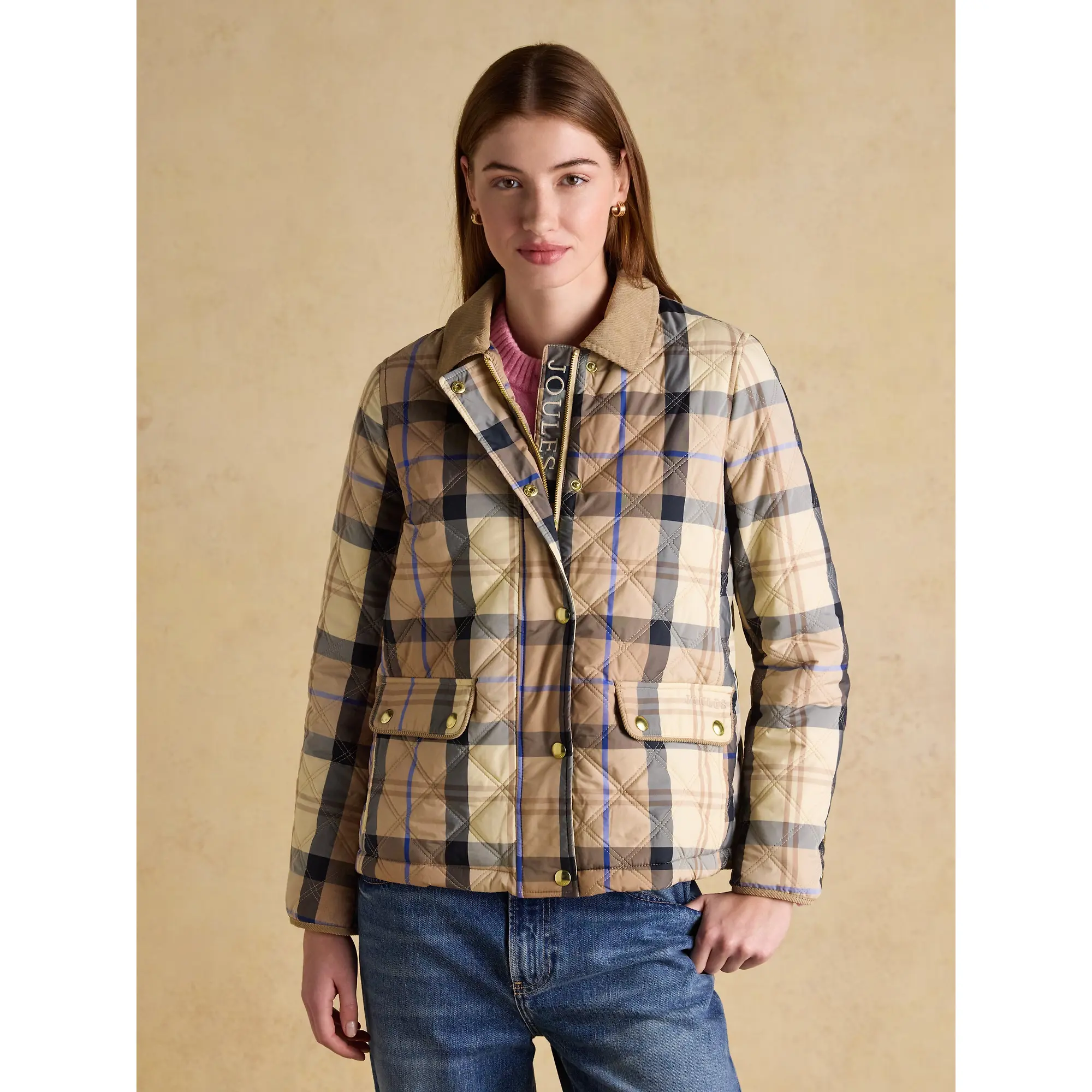 Product image 2 of 14 of Joules Women's Harrogate Showerproof Diamond Quilted Barn Jacket - Beige Check