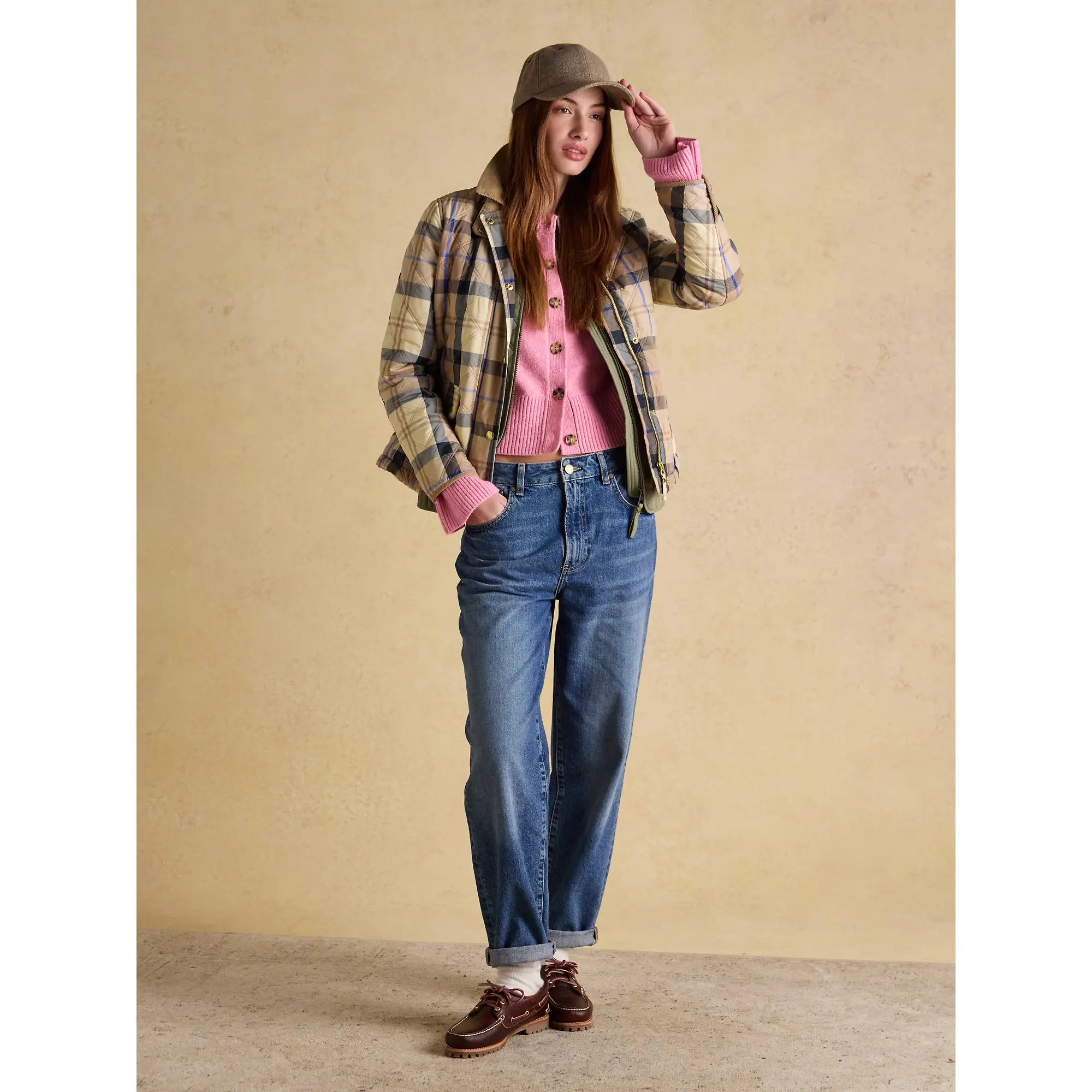 Product image 4 of 14 of Joules Women's Harrogate Showerproof Diamond Quilted Barn Jacket - Beige Check
