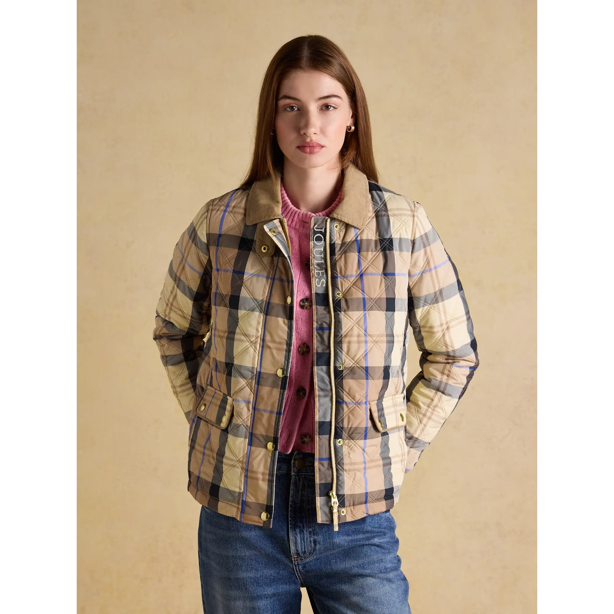 Product image 6 of 14 of Joules Women's Harrogate Showerproof Diamond Quilted Barn Jacket - Beige Check