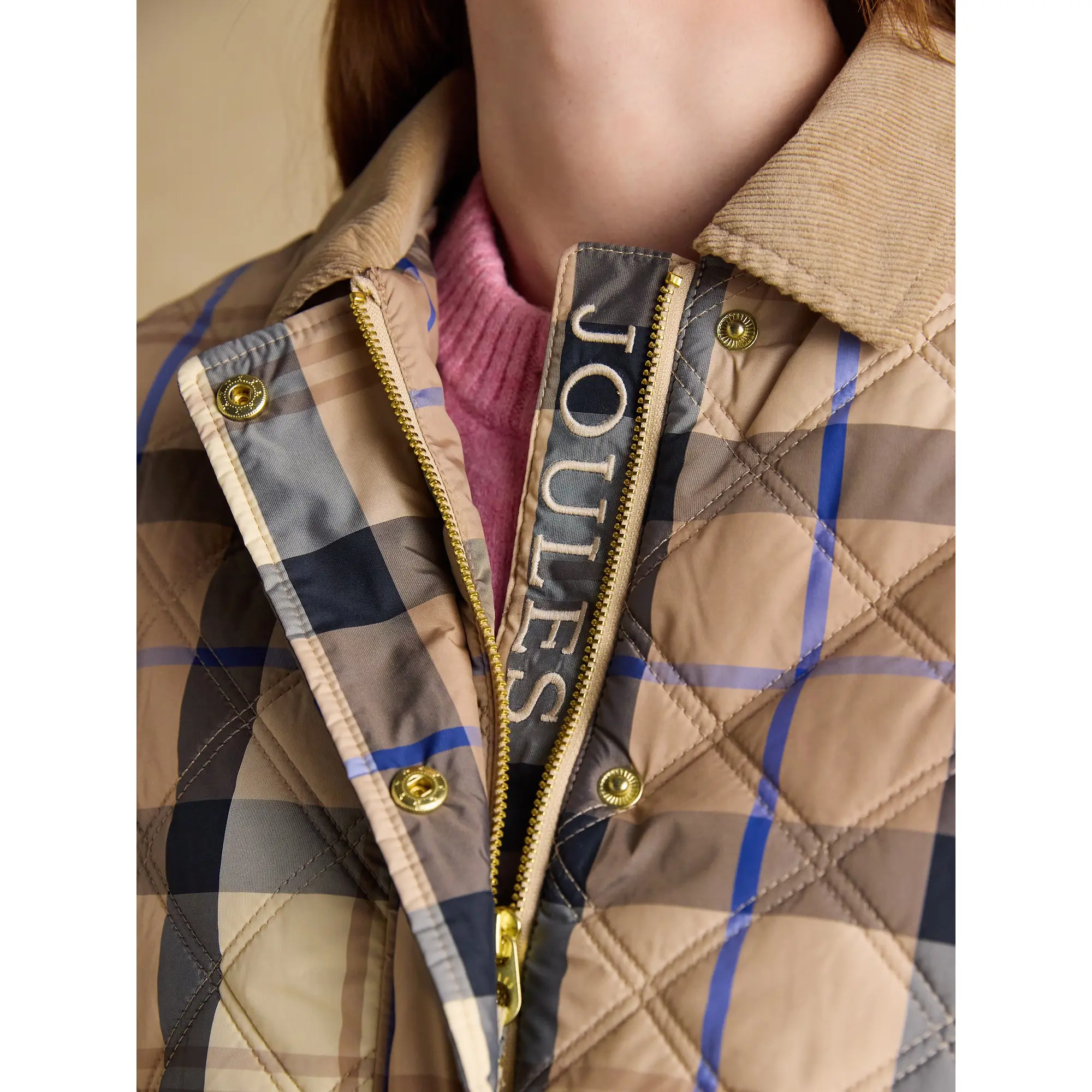 Product image 7 of 14 of Joules Women's Harrogate Showerproof Diamond Quilted Barn Jacket - Beige Check